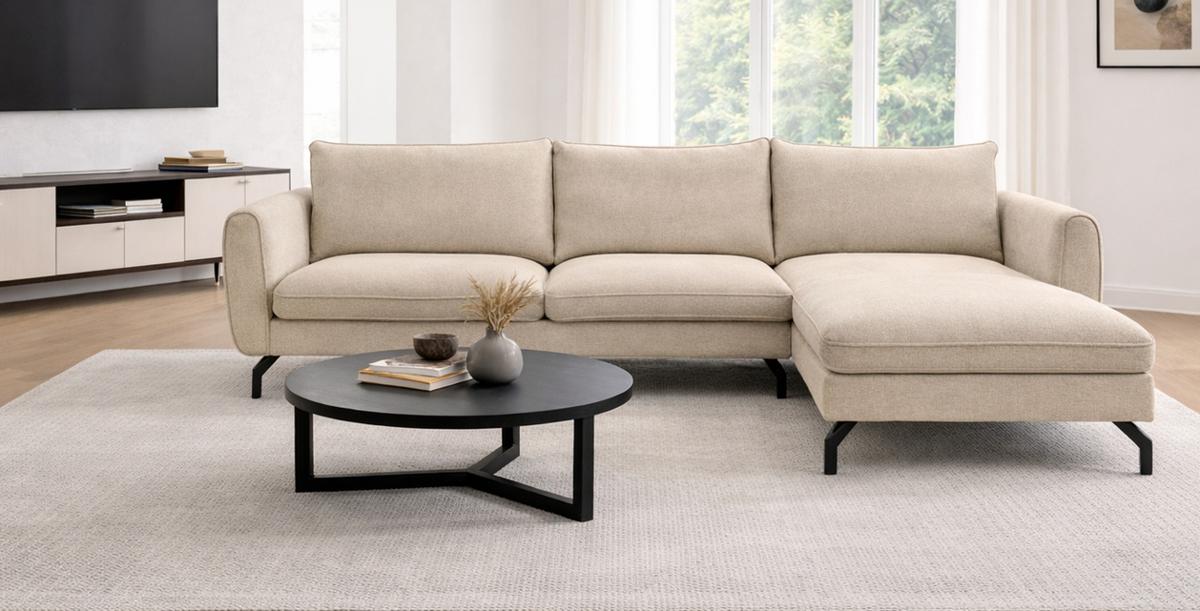 SOFA beige Webstoff 259 x 167 cm, Ecksofa 5-Sitzer, L-Sofa Ottomane rechts - Beige/Schwarz, Holz/Textil (259/167cm) - Inn.Furn