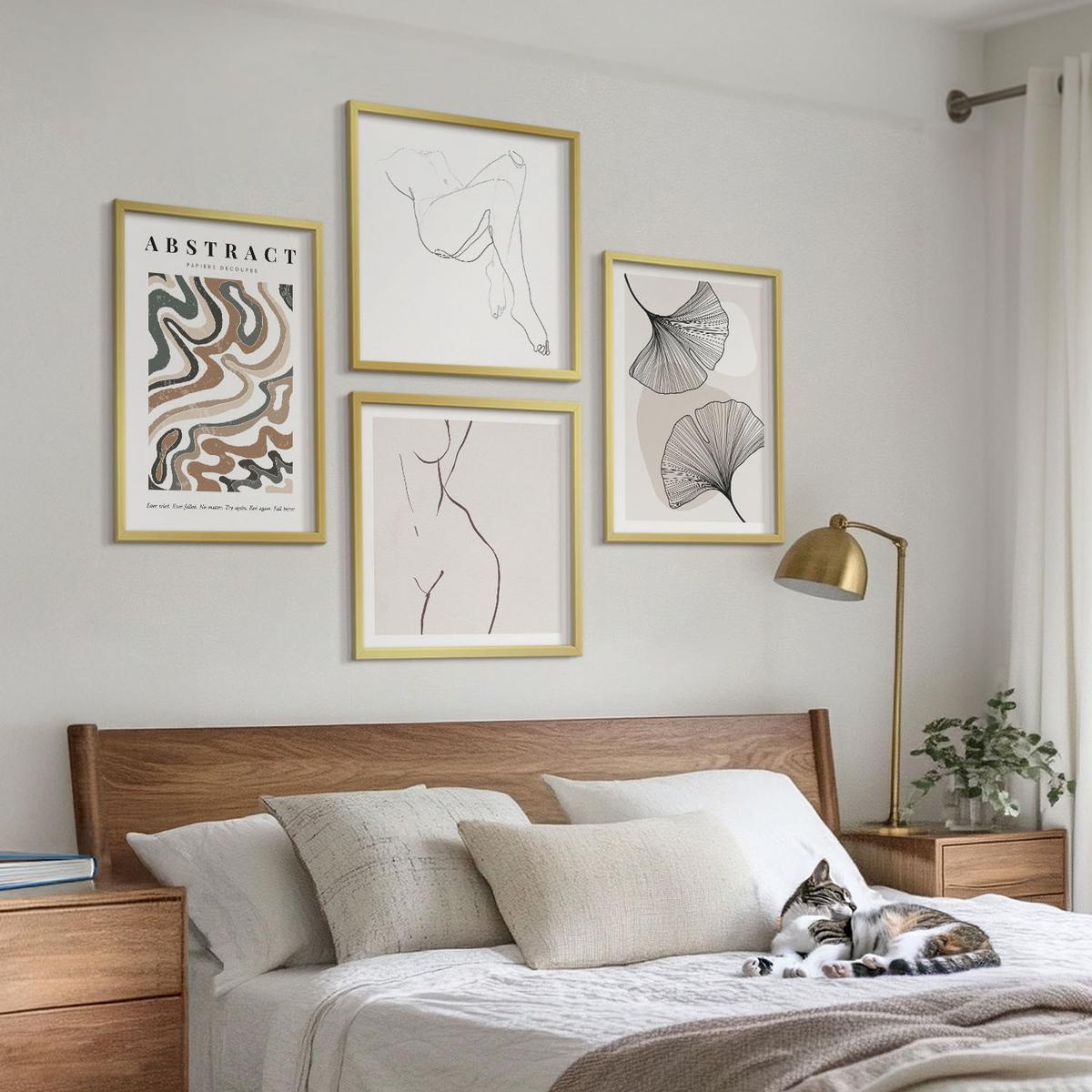 BILDER SET 4er Set - 50x50 cm & 40x60 cm Goldrahmen - Abstrakte Boho-Blattformen - Goldfarben, Kunststoff (50/50cm) - TULUP