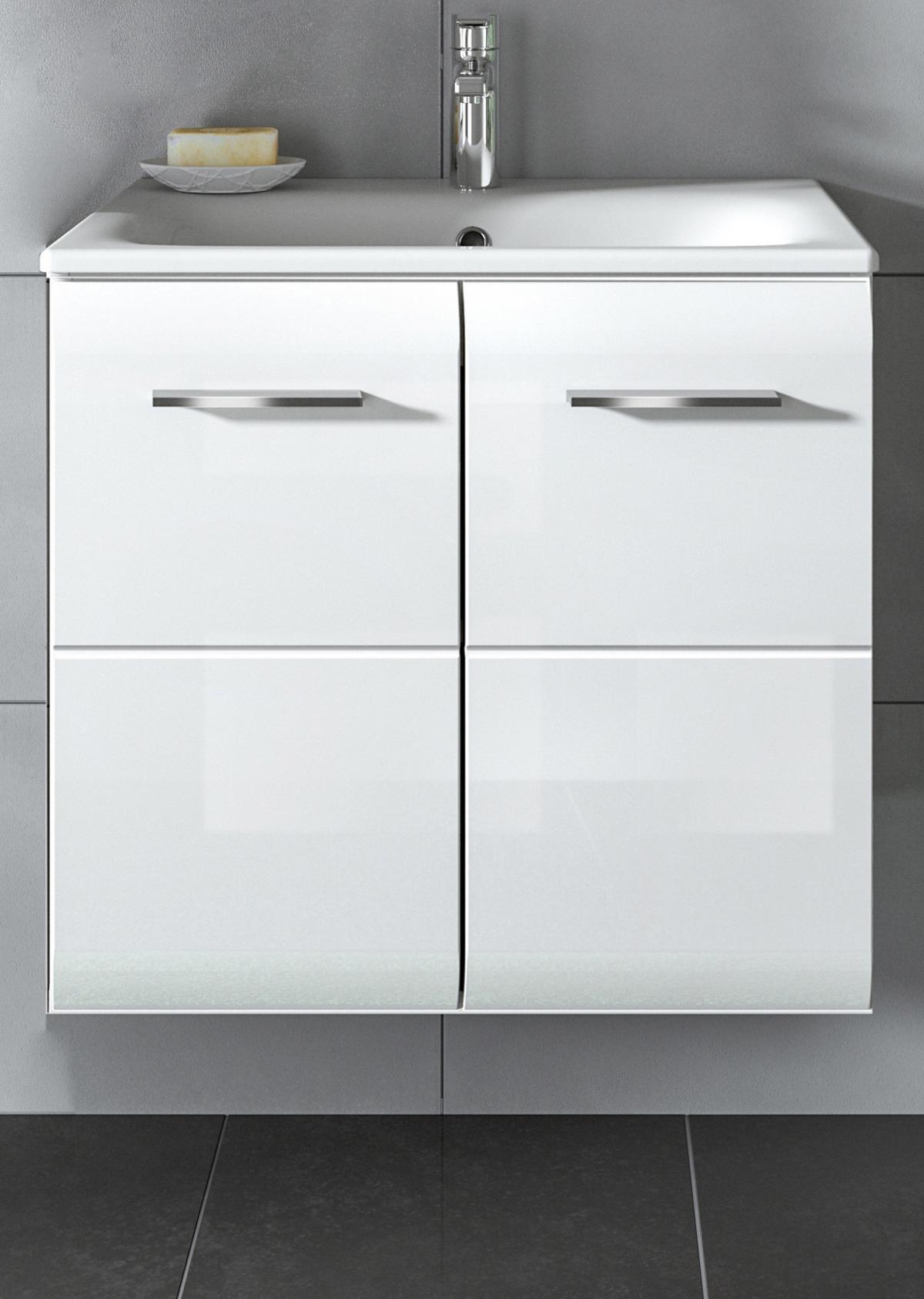WASCHBECKENUNTERSCHRANK inklusive Waschbecken weiß Hochglanz, Waschtisch hängend 60 cm - Weiß Hochglanz/Silberfarben, Keramik/Holzwerkstoff (60/55/46cm) - Inn.Furn