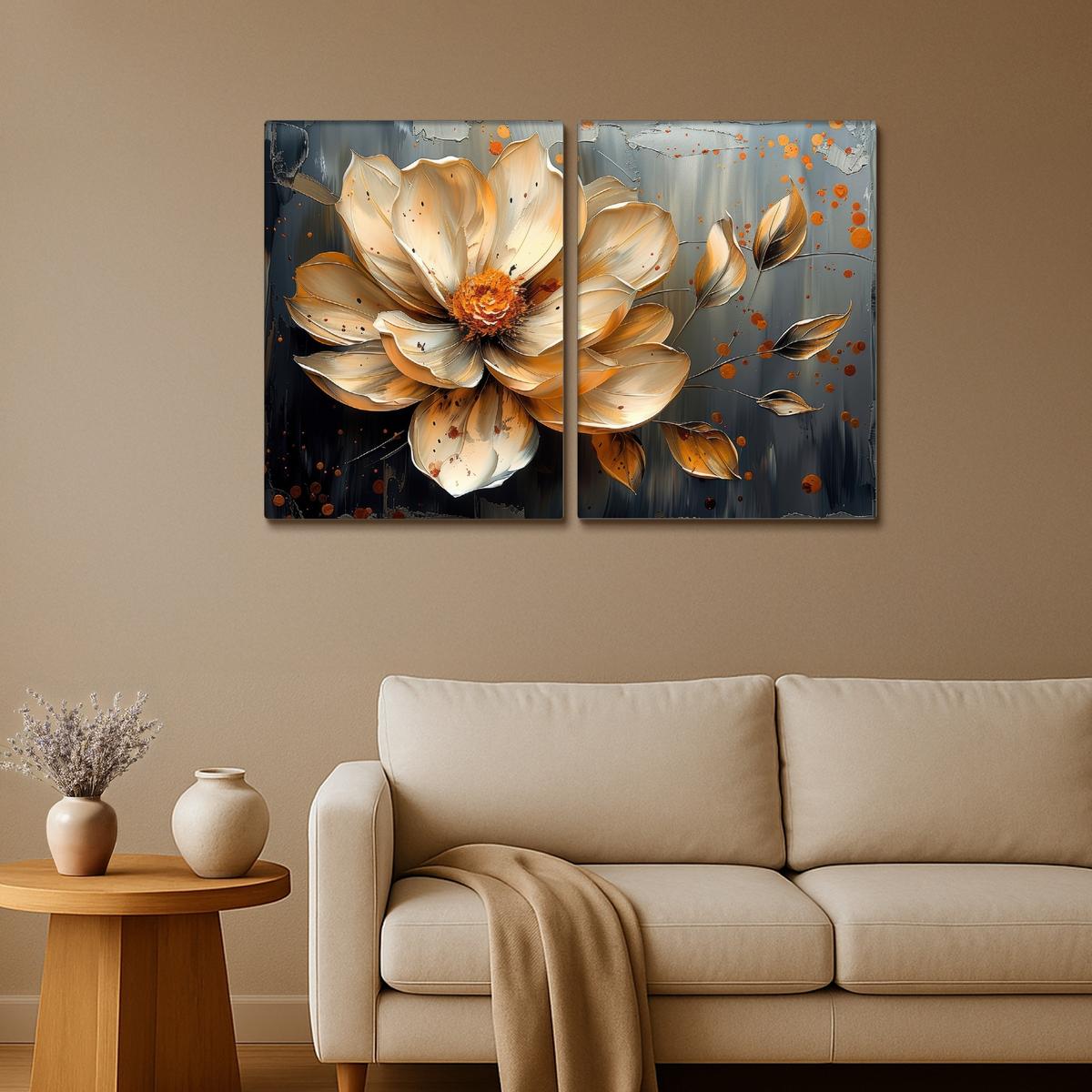 LEINWANDBILD 2er Set Blume - Gold - Abstrakt - Farbe 100x70 cm - Creme, Textil (100/70cm) - MuchoWow