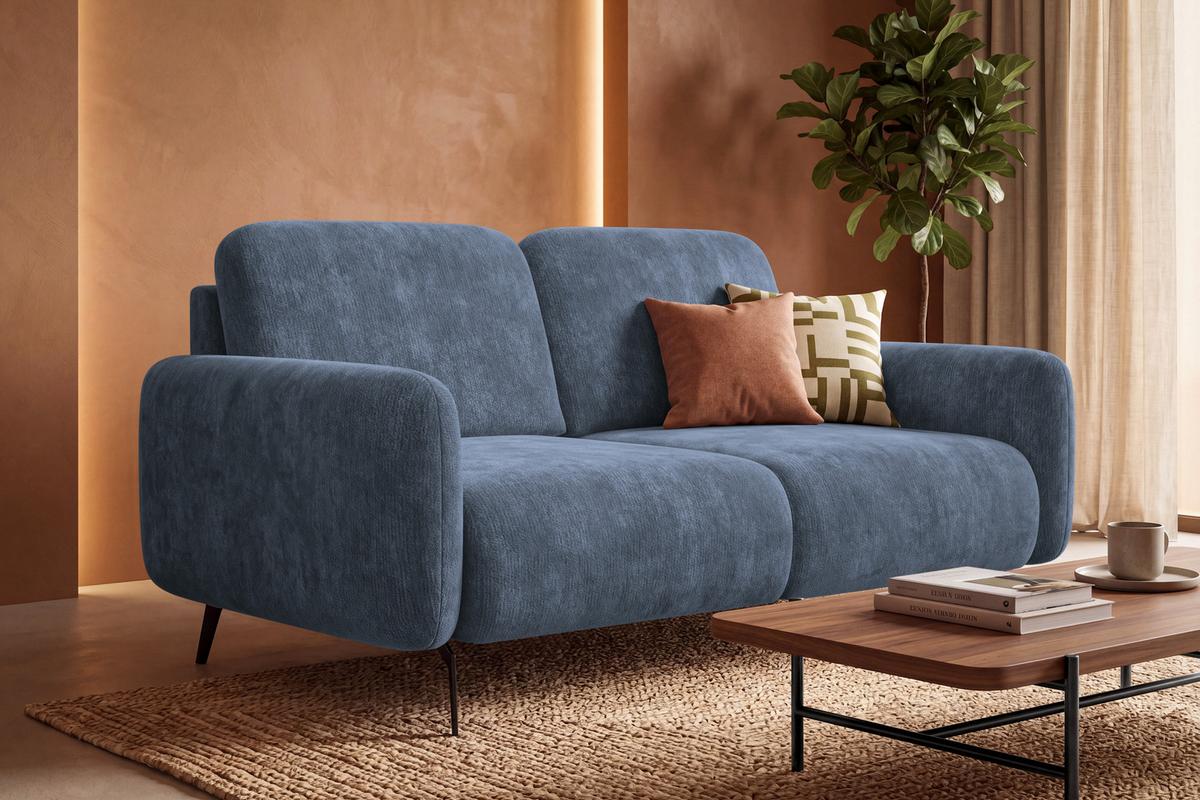 SOFA FEBE 2-Sitzer, marineblauer Chenille-Stoff - Blau/Schwarz, Holz/Textil (160/82/96cm) - Wozimo