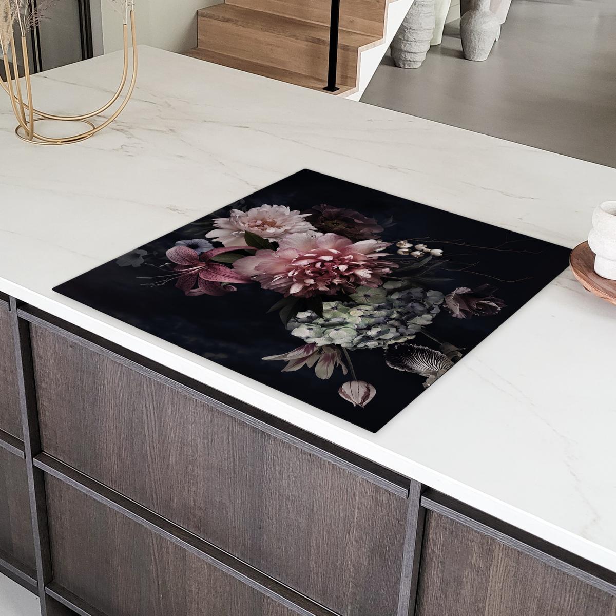HERDABDECKPLATTE Blumen - Vintage - Pastell - Rosa - Weiß Induktionsmatte 78x78 cm - Altrosa, Kunststoff (78/78/0.2cm) - MuchoWow