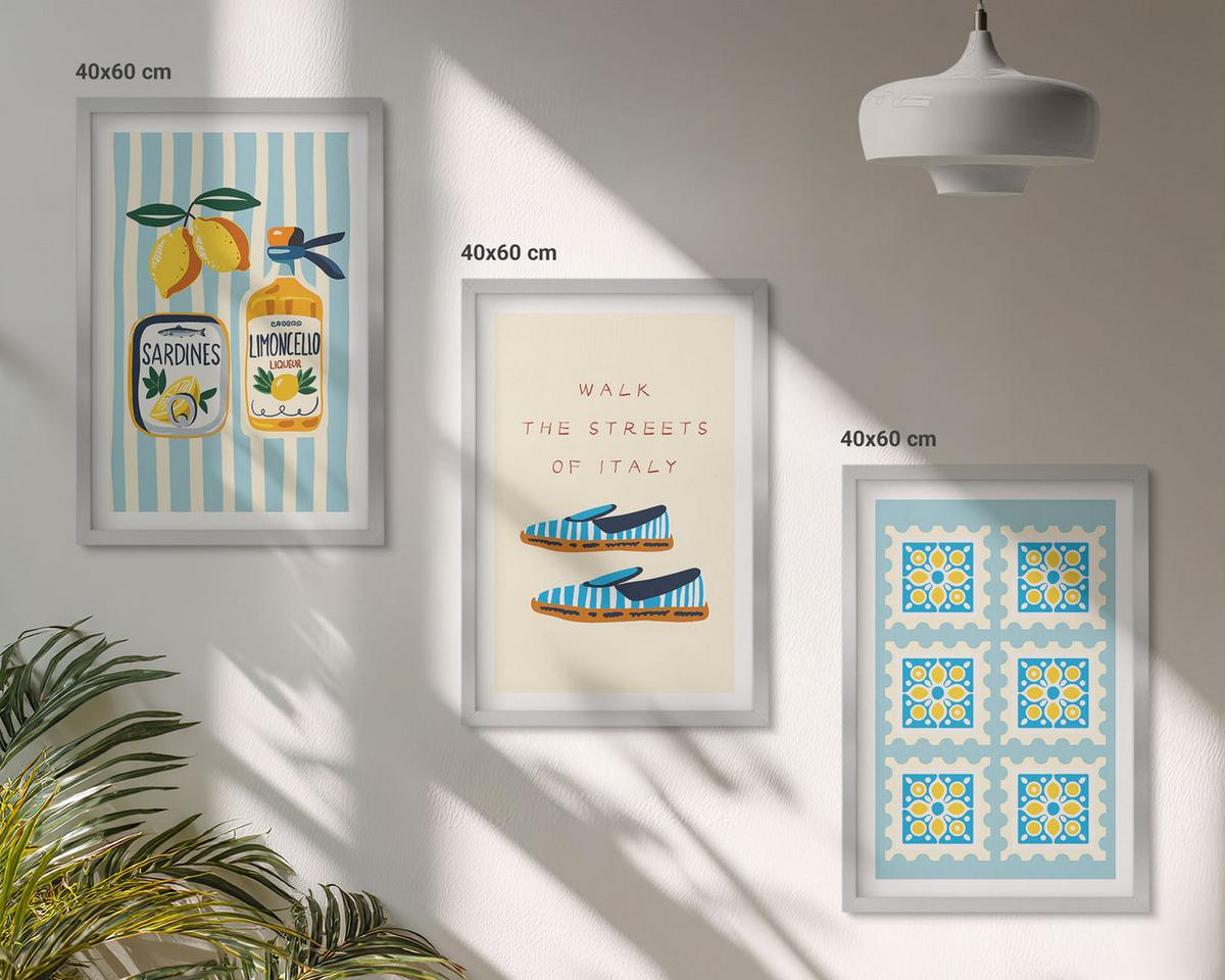 BILDER SET 3er Set - 40x60 cm Silberner Rahmen - Früchte, Elemente der italienischen Kultur - Silberfarben, Kunststoff (40/60cm) - TULUP