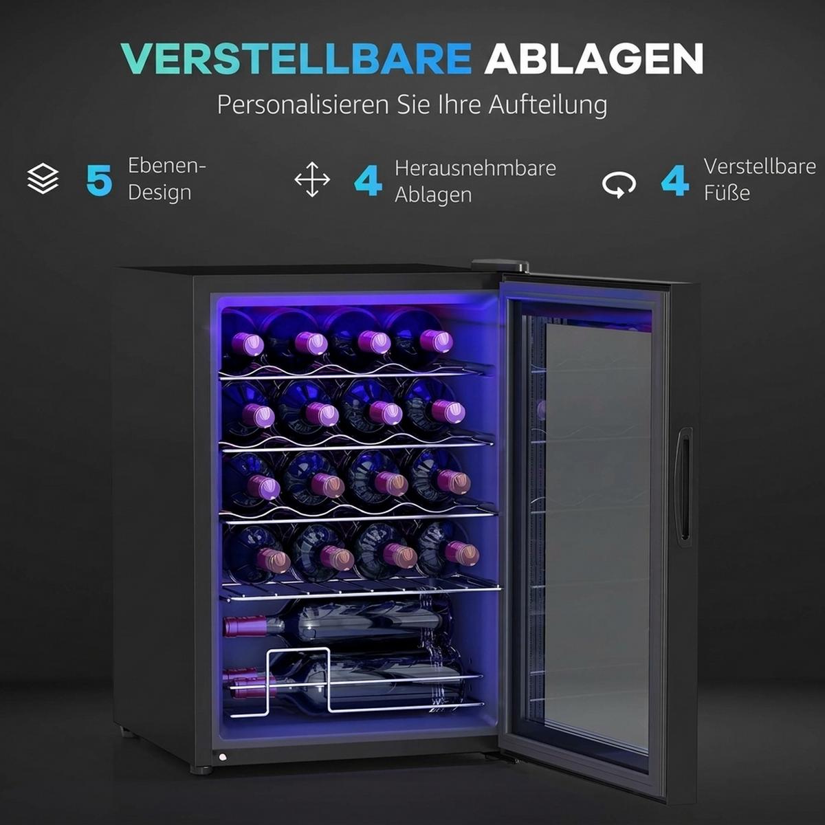 WEINKÜHLSCHRANK Metall Hartglas Schwarz - Schwarz, Metall (45/64/43cm) - HOMCOM