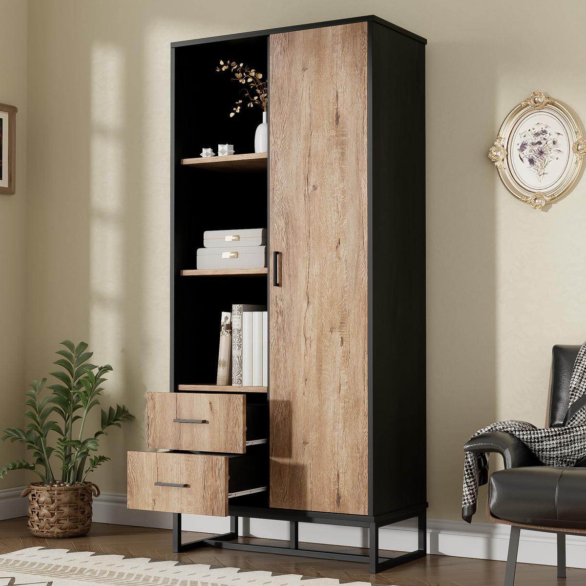 HOCHSCHRANK mit 2 Schubladen und offenen Fächern Schwarz - Schwarz, Holzwerkstoff (40/180/80cm) - Urban Meuble