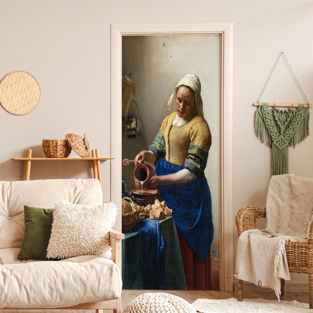TÜRAUFKLEBER Das Milchmädchen - Johannes Vermeer 85x215 cm - Türtapete - Dunkelblau, Kunststoff (85/0.1cm) - MuchoWow