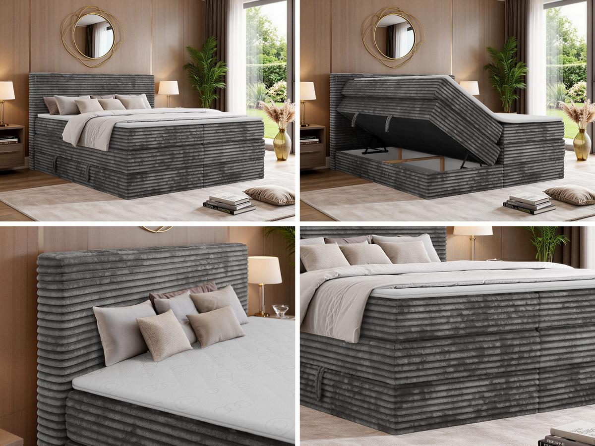 BOXSPRINGBETT TILION KING 180/200 - Grau Cord - Topper Visco - H4 - Schwarz/Grau, Kunststoff/Textil (180/200cm) - MKS