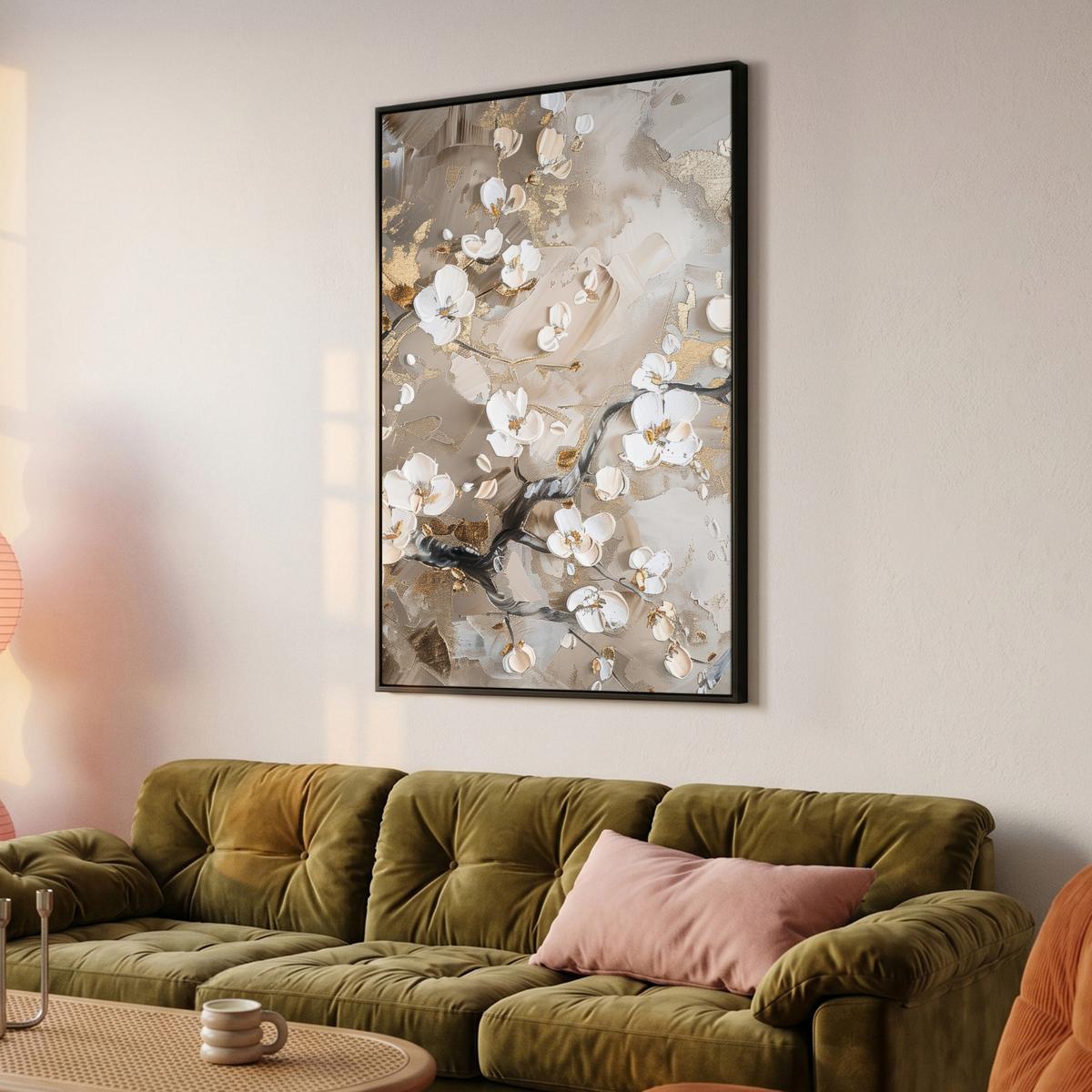 LEINWAND Bilder mit Rahmen - Blumen - Weiß - Gold - Beige - Luxus - 90x140 - Greige, Textil (90/140cm) - MuchoWow