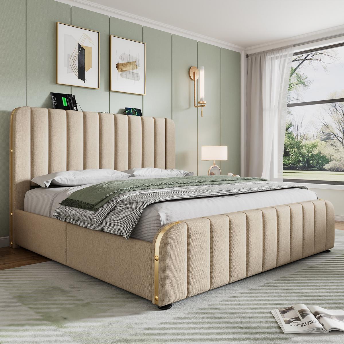 POLSTERBETT 140x190 cm aus beigem leinen, mit 4 schubladen, usb-c und goldenen akzenten - Beige, Textil (140/190cm) - Urban Meuble
