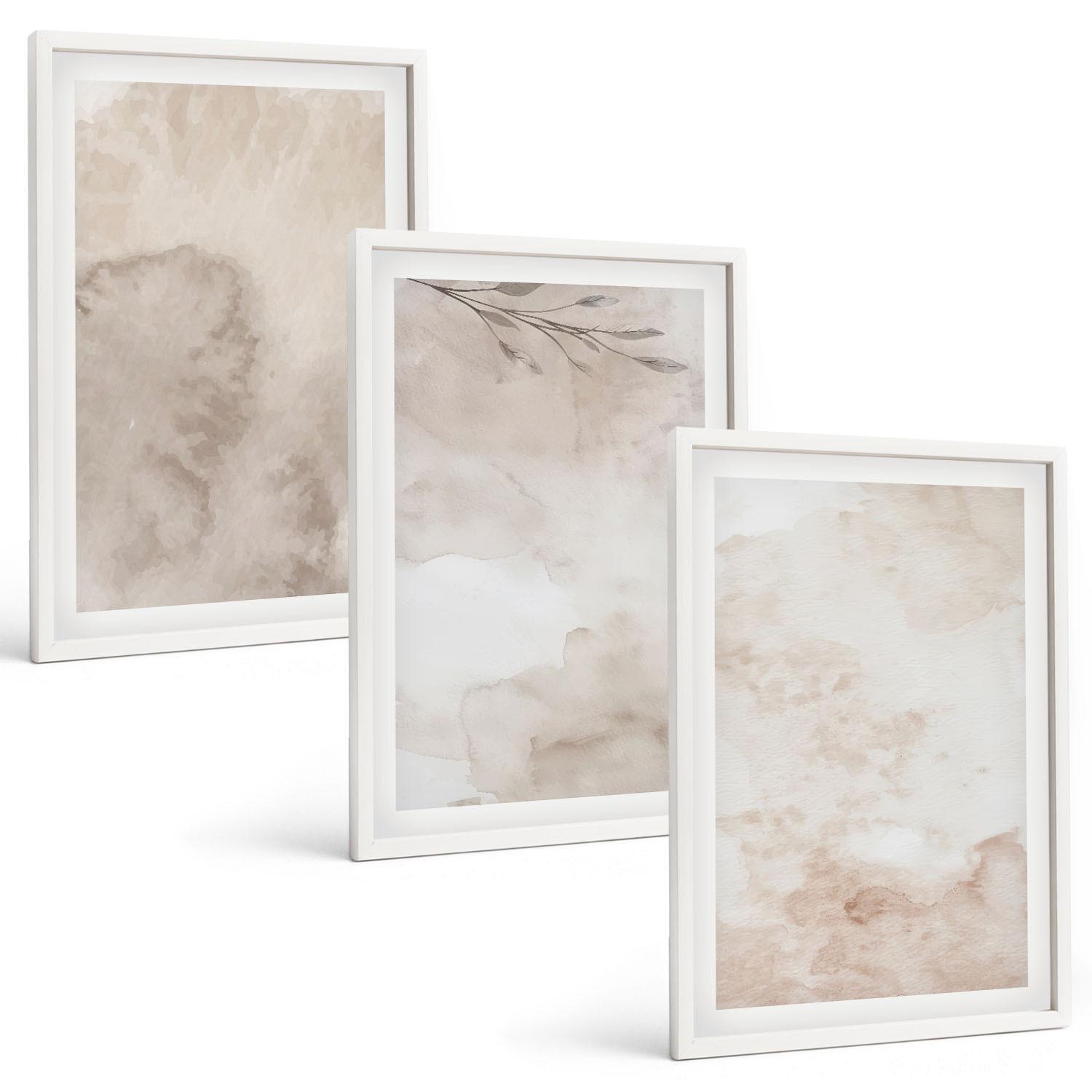 BILDER SET 3er Set - 40x60 cm Weißer Rahmen - Verschüttete Boho-Aquarellfarben - Weiß, Kunststoff (40/60cm) - TULUP