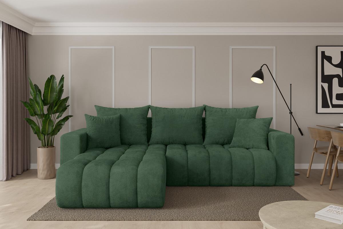ECKSOFA mit Schlaffunktion Ottomane Links MILA-L-v1 277x195x86 Grün Cord - Dunkelgrün/Schwarz, Holzwerkstoff/Kunststoff (277/194cm) - ALTDECOR