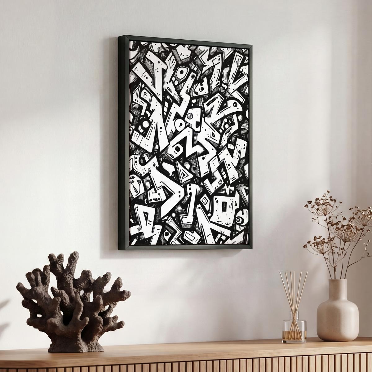 LEINWAND Bilder mit Rahmen - Formen - Buchstaben - Graffiti - Schwarz - 30x40 - Schwarz, Textil (30/40cm) - MuchoWow
