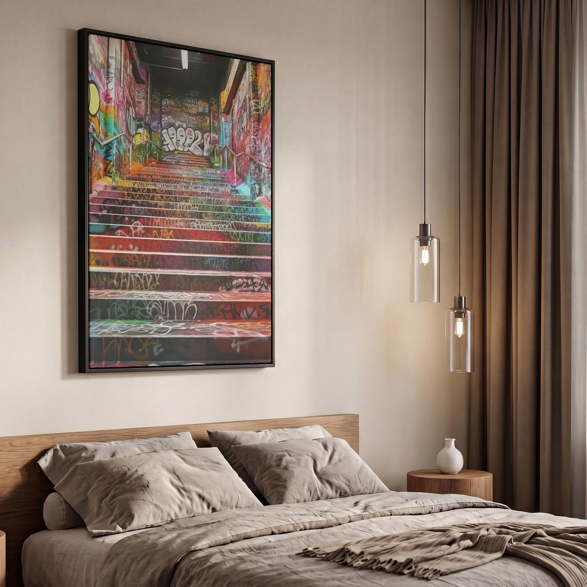 LEINWAND Bilder mit Rahmen - Treppe - Graffiti - Farben - Kunst - 60x90 - Multicolor, Textil (60/90cm) - MuchoWow