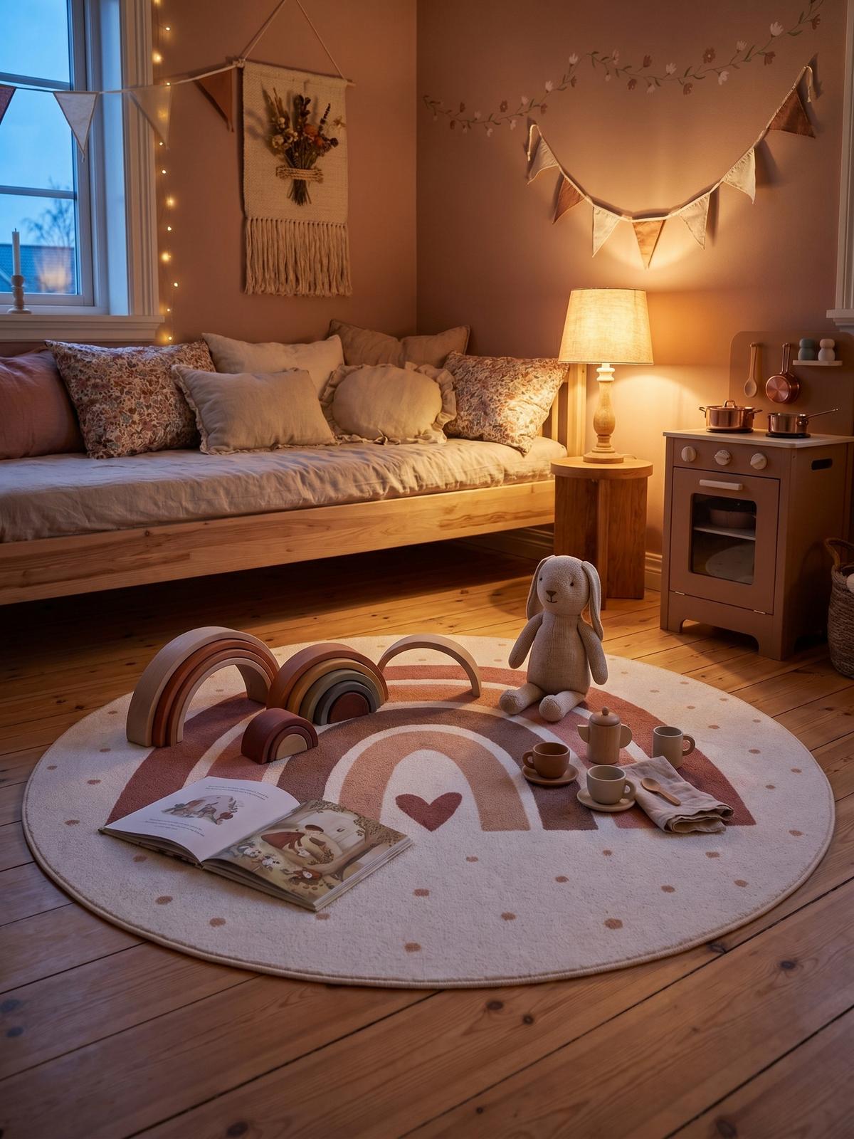 SPIELTEPPICH Waschbar TINO in Creme, mit Regenbogen- und Herz-Motiv, Ø 120 cm - Beige, Textil (120/120cm) - KADIMA DESIGN