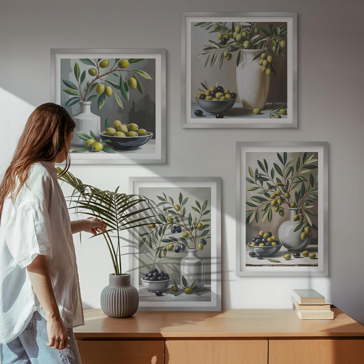 BILDER SET 4er Set - 50x50 cm & 40x60 cm Silberner Rahmen - Oliven in Keramikgrau - Silberfarben, Kunststoff (50/50cm) - TULUP
