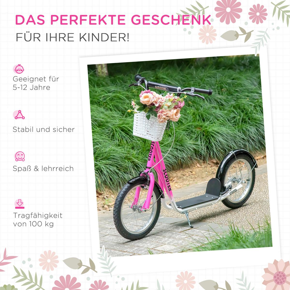 KINDERROLLER Scooter Tretroller mit Bremse Korb höhenverstellbar Gummi Rosa - Rosa, Metall (139/58/96cm) - HOMCOM