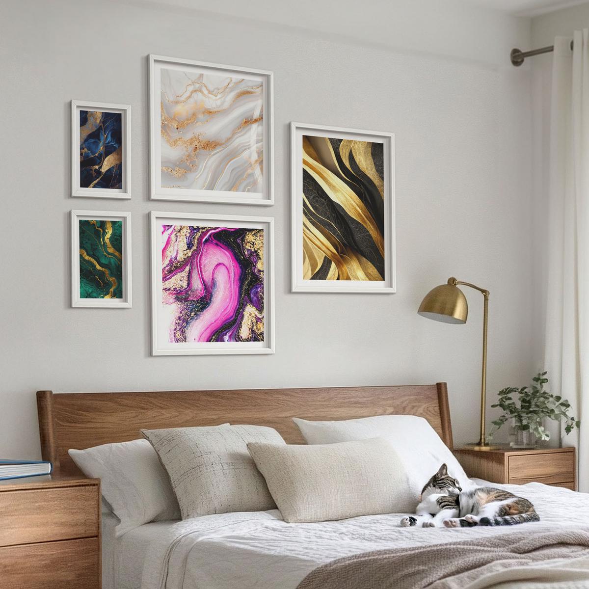 BILDER SET 5er Set - 50x50 cm & 20x30 cm & 40x60 cm Weißer Rahmen - Abstrakter Marmor mit Farben - Weiß, Kunststoff (40/60cm) - TULUP