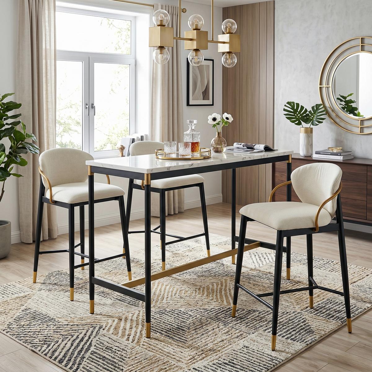BARHOCKER 2ER-SET aus Chenille in Beige, Schwarz und Gold, mit Rückenlehne und Höhenausgleich - Beige, Textil (52/87/57cm) - Urban Meuble