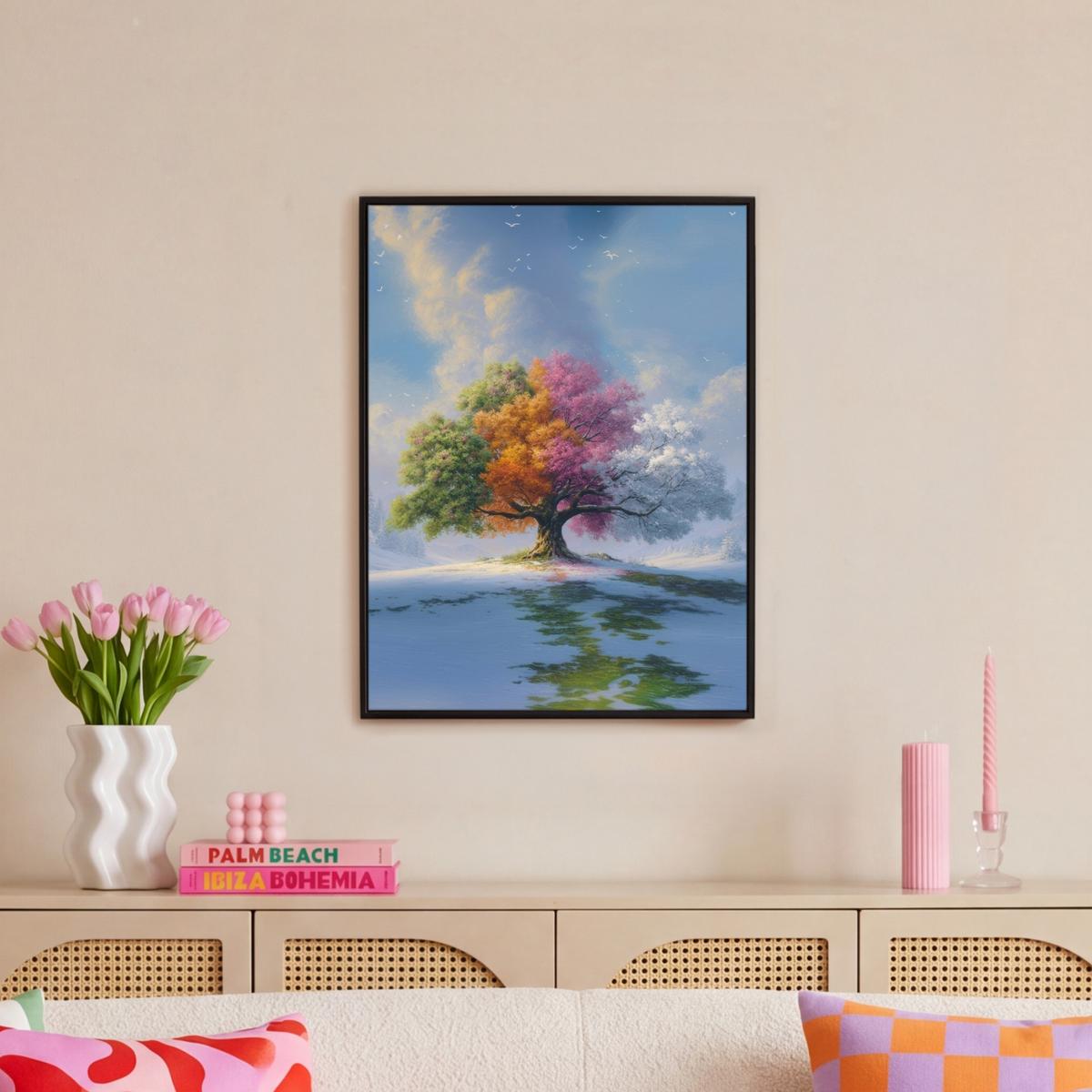 LEINWAND Bilder mit Rahmen - Baum - Jahreszeiten - Winter - Landschaft - 60x80 - Multicolor, Textil (60/80cm) - MuchoWow