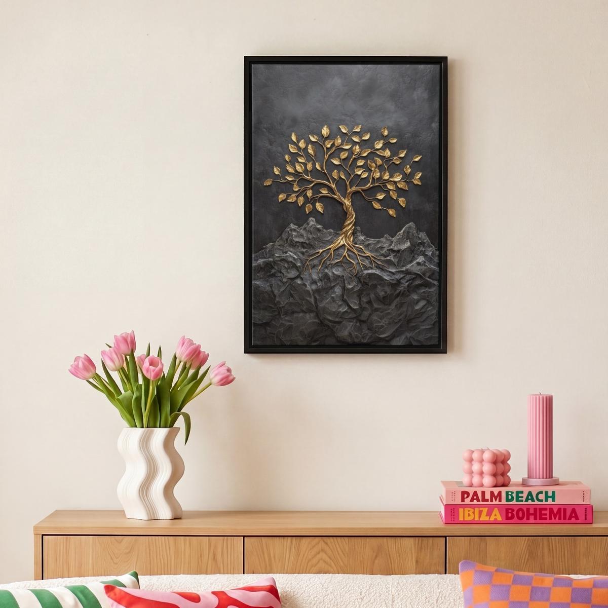 LEINWAND Bilder mit Rahmen - Blätter - Gold - Baum - Fels - 20x30 - Schwarz, Textil (20/30cm) - MuchoWow
