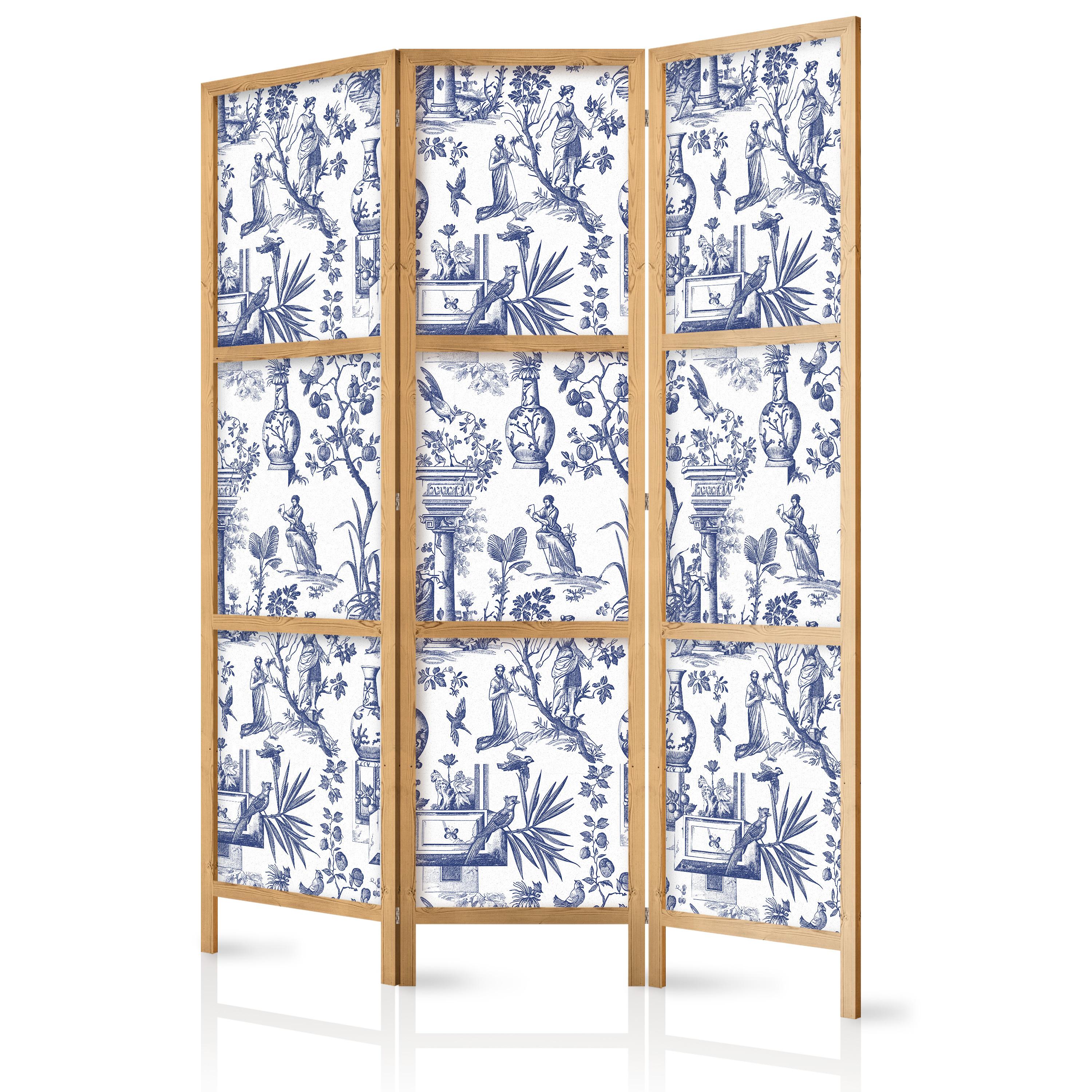 PARAVENT Japanischer 3-tlg 135x172 cm Rom Botanik - Blau, Holz/Textil (135/172/3cm) - Muralo