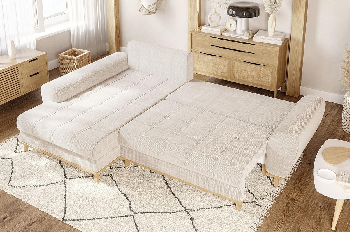 ECKSOFA im Scandi-Stil, Schlaffunktion, Bettkasten B268/T175/H86 cm, Ottomane links, Liegefl. 128x209 cm, Bouclé Chenille Stoff in Beige / 21014 - Eichefarben/Beige, Holz/Textil (268/175cm) - luma-home