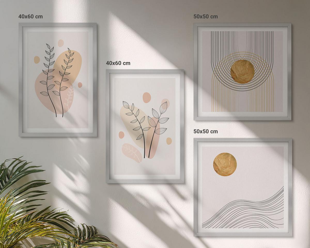 BILDER SET 4er Set - 50x50 cm & 40x60 cm Silberner Rahmen - Minimalistische Pflanzenzeichnungen - Silberfarben, Kunststoff (50/50cm) - TULUP