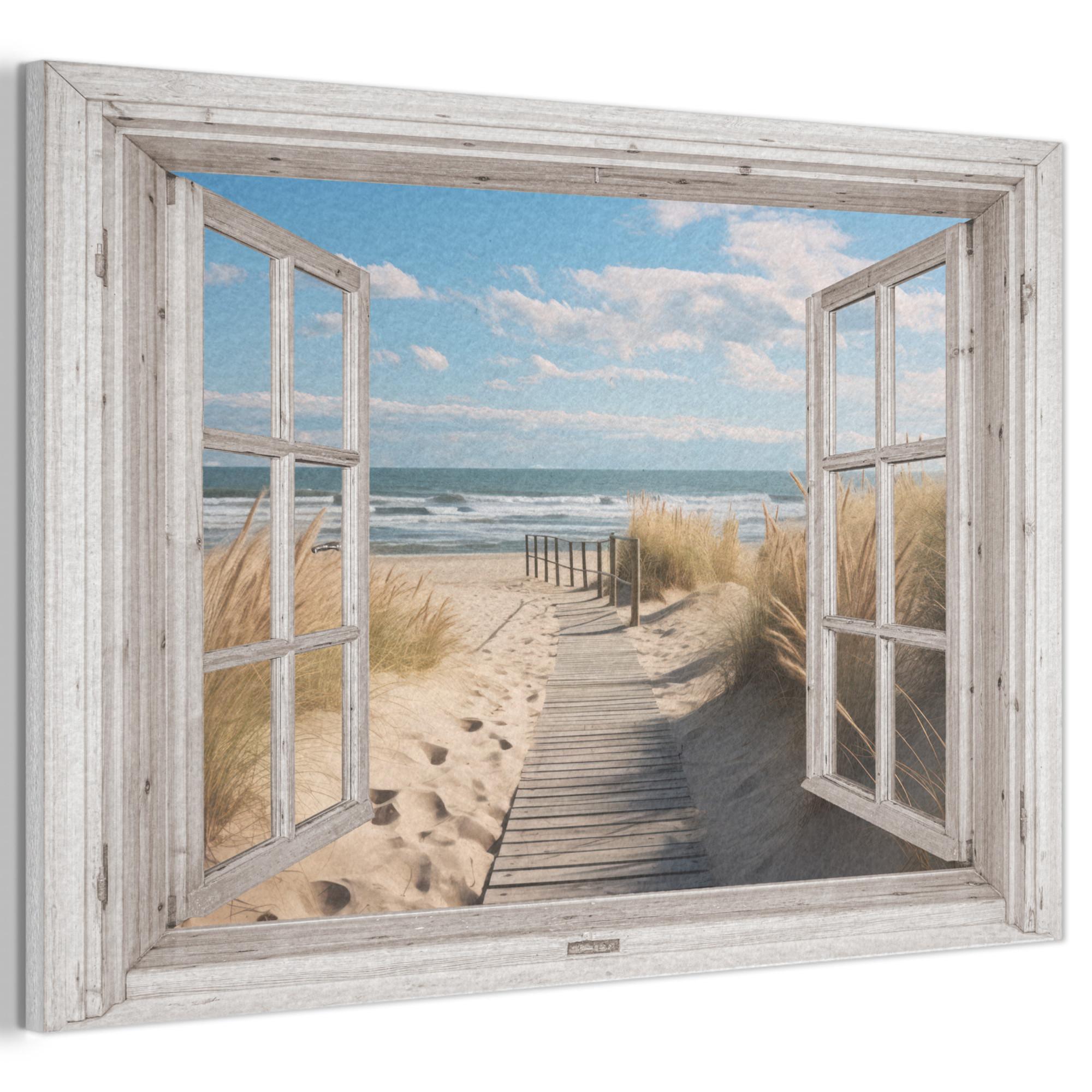 AKUSTIKBILD Fenster - Meer - Küste - Natur - Ausblick - Strand - Wattenmeer Akustikpaneele 90x60 cm - Beige, Kunststoff (90/60/0.9cm) - MuchoWow