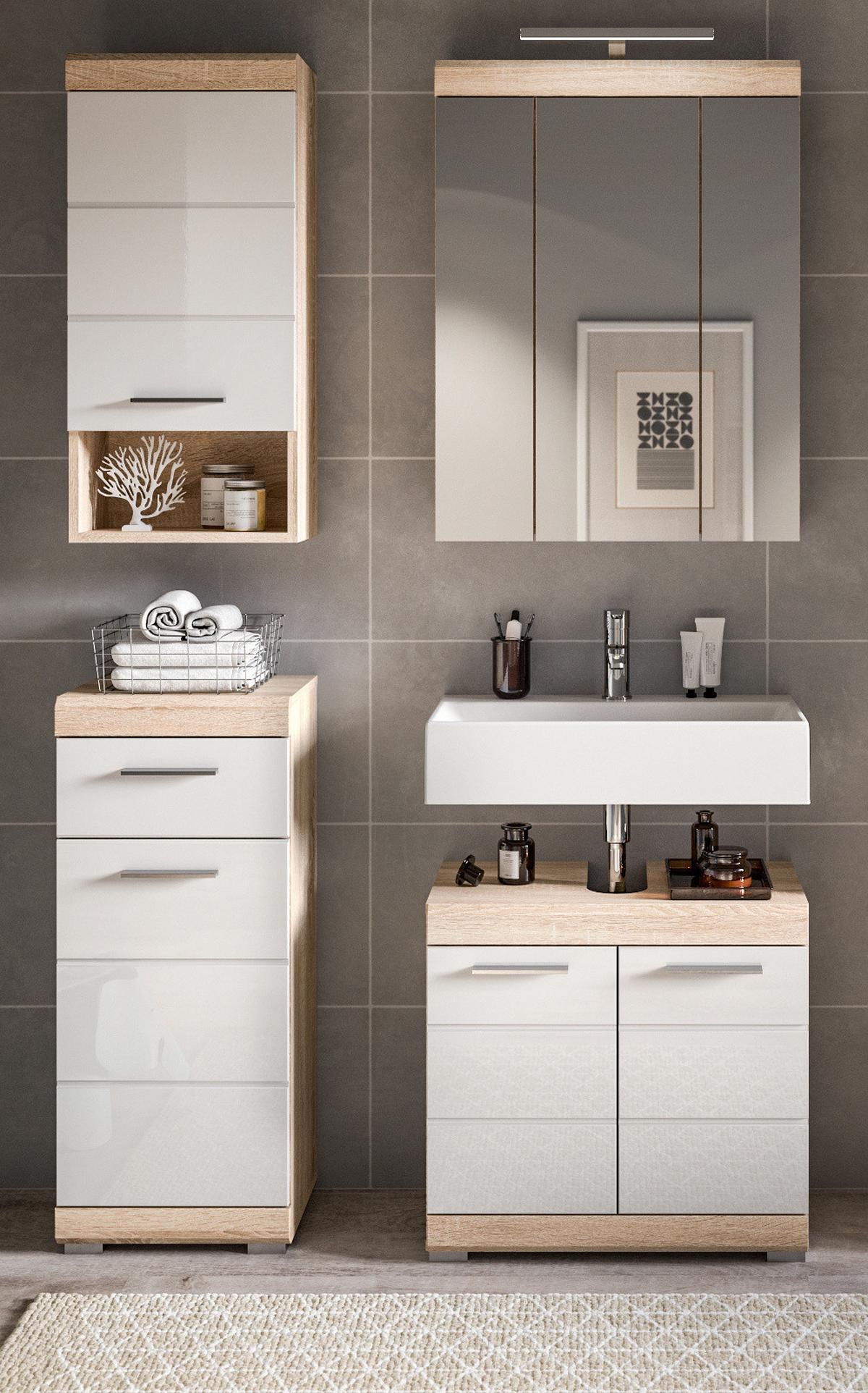 WASCHBECKENUNTERSCHRANK weiß Hochglanz und Sonoma Eiche, Bad Unterschrank 60 cm - Weiß Hochglanz/Eichefarben, Holzwerkstoff/Kunststoff (60/56/34cm) - Inn.Furn