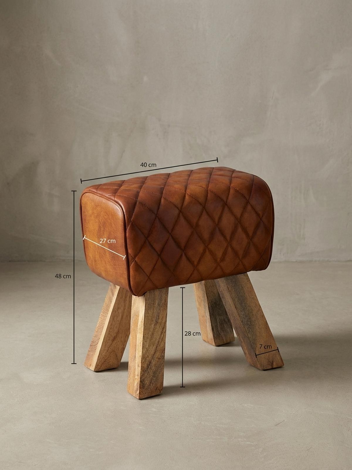 SITZHOCKER – Echtleder, Rautenmuster, robust - Braun, Mangoholz/Leder (40/48/27cm) - KADIMA DESIGN