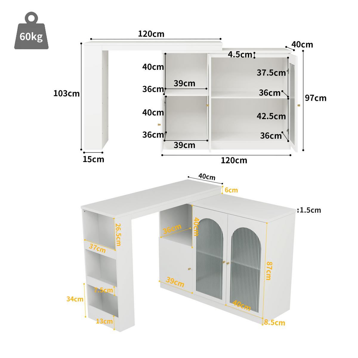 BARSCHRANK 360° drehbar & weiß mit glastüren & flexiblem bartisch - Weiß, Holzwerkstoff (40/120/97cm) - Urban Meuble