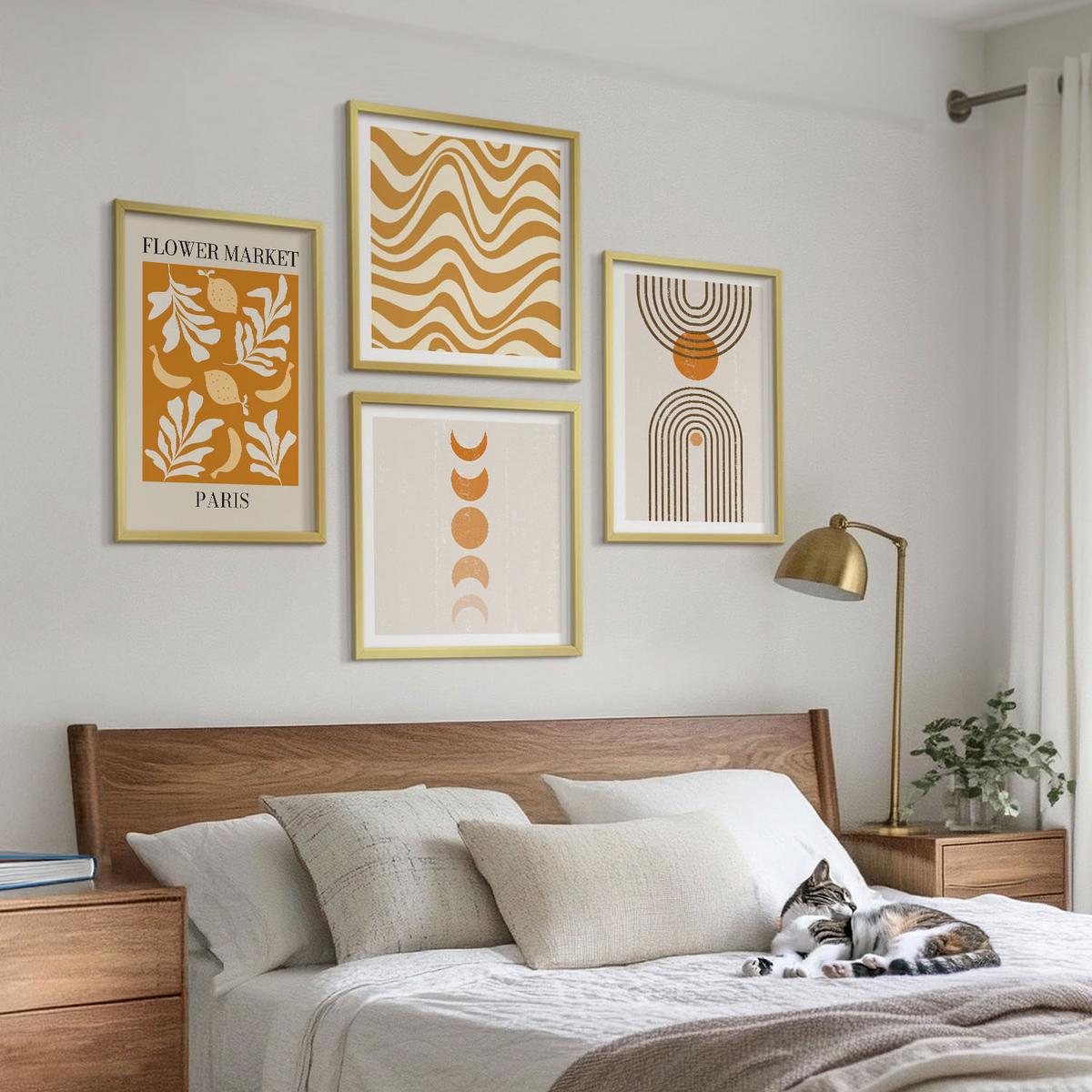 BILDER SET 4er Set - 50x50 cm & 40x60 cm Goldrahmen - Geometrische Pflanzenmuster - Goldfarben, Kunststoff (50/50cm) - TULUP