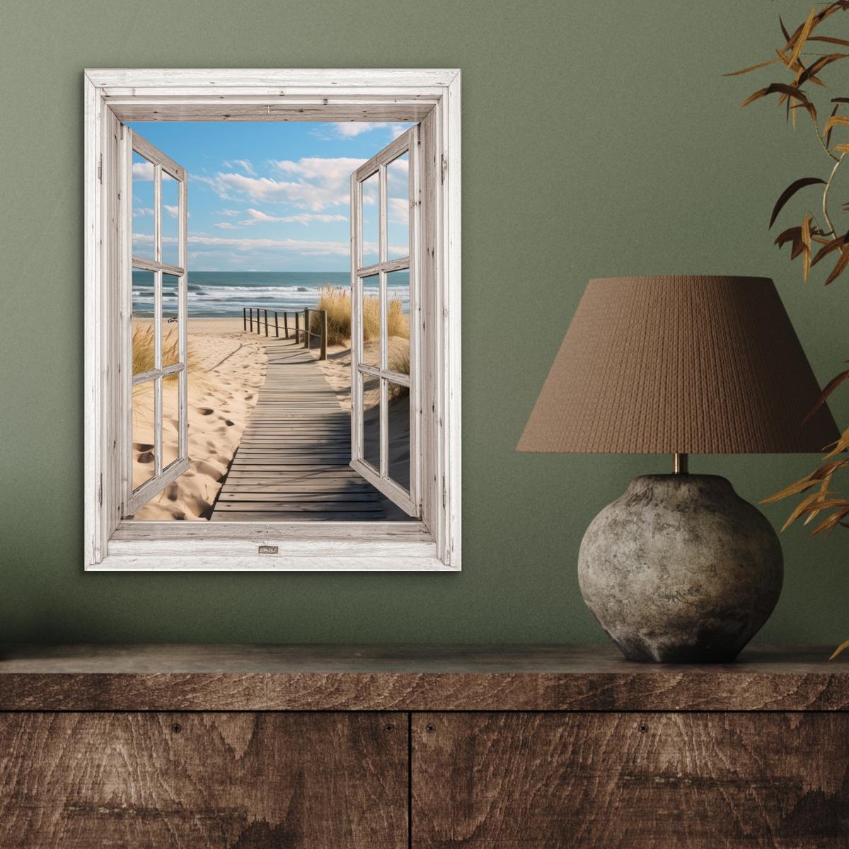METALLBILD Fenster - Meer - Küste - Natur - Ausblick - Strand - Wattenmeer 30x40 cm - Beige, Metall (30/40cm) - MuchoWow