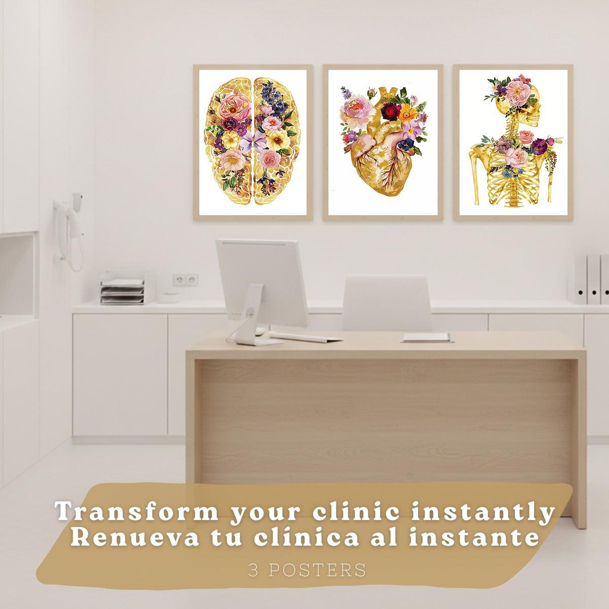 POSTER Set aus 3 Anatomie Mensch Drucke und Wandbilder mit Herz Gehirn und Skelett Goldenes Florales Design Größe Leichter Holzrahmen A3 - Beige, Papier (29.7/42/3cm) - Nacnic