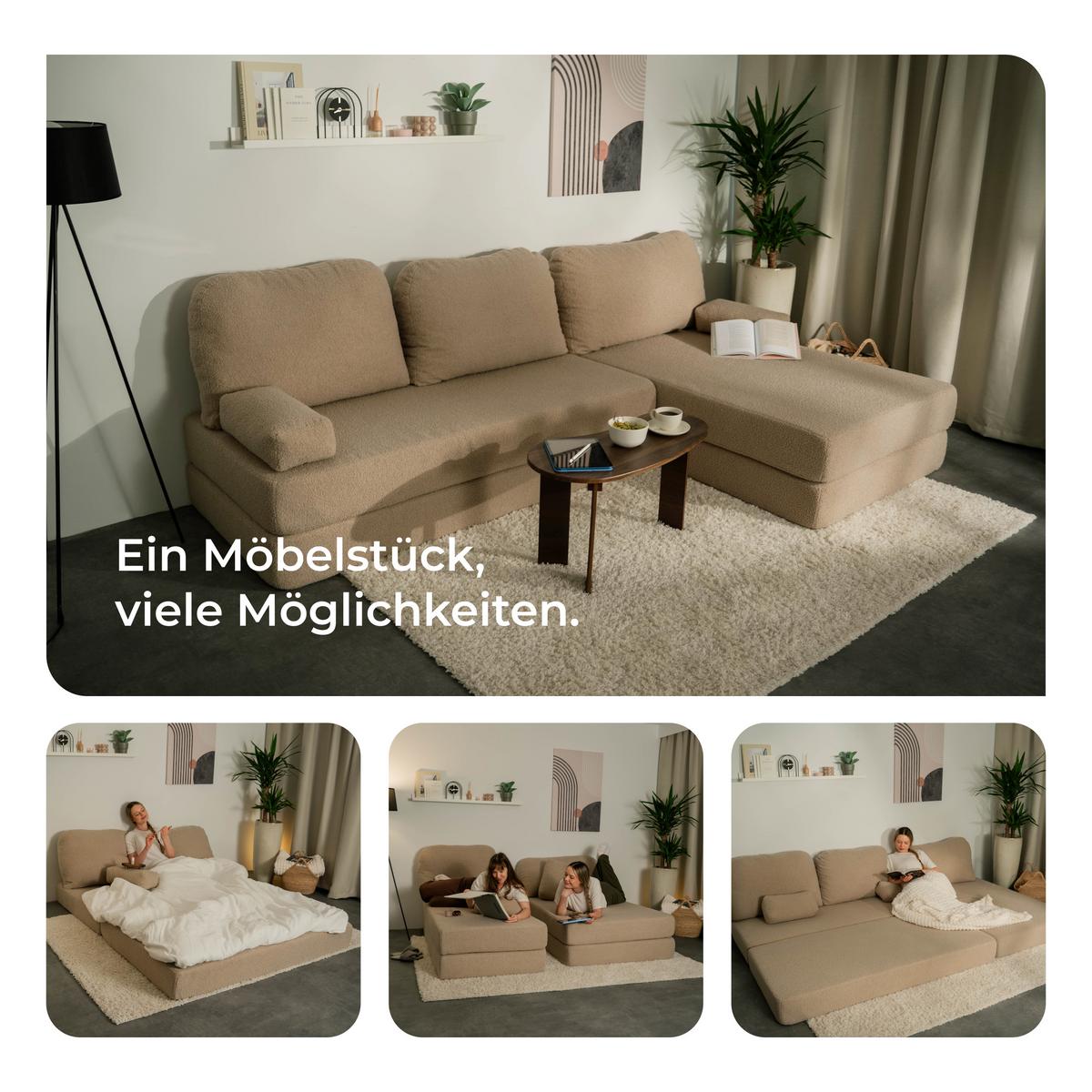 ECKSOFA LEA modulares Boneless Sofa mit Schlaffunktion Beige Boucle-Stoff - Beige, Textil (270/160cm) - MASSENO