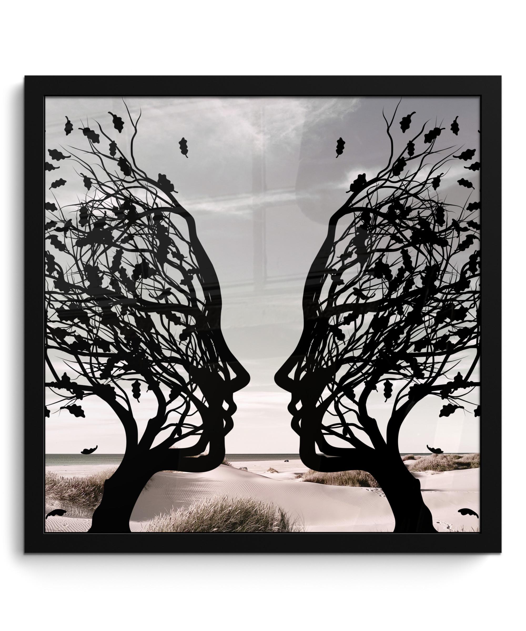 POSTER MIT RAHMEN Strand - Meer - Menschen - Baum - Moderne Kunst 40x40 cm - Hellgrau, Papier (40/40cm) - MuchoWow