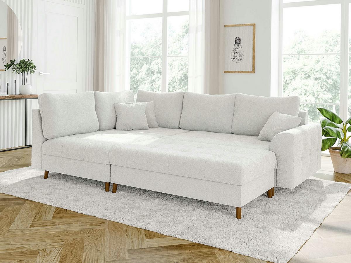 ECKSOFA inkl. Hocker Henrik Weiß Boucle - Ottomane links - Weiß/Braun, Holz/Textil (231/161cm) - S-Style Möbel