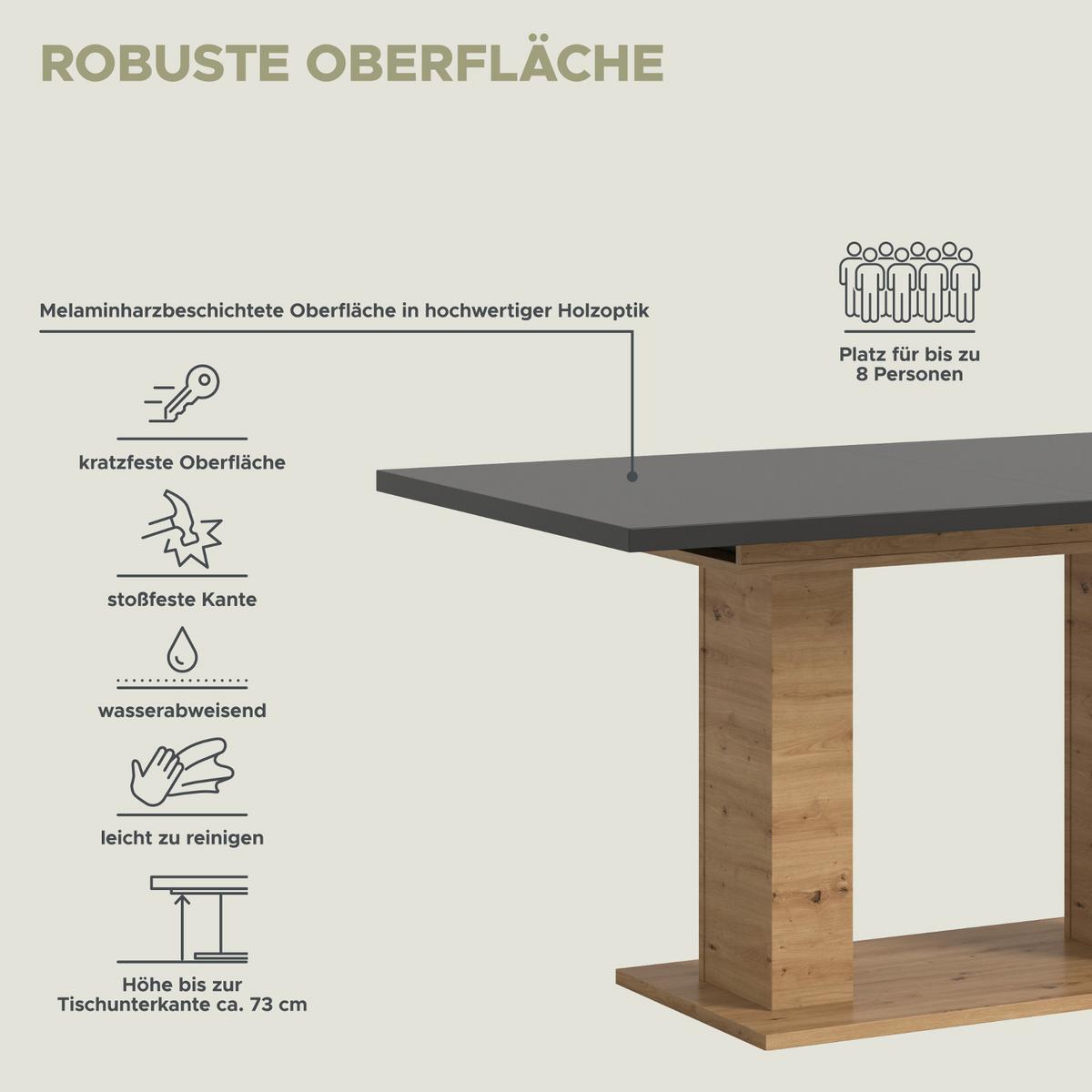 ESSTISCH grau, Eiche Artisan Küchentisch ausziehbar 150 - 190 cm - Eiche Artisan/Grau, Holzwerkstoff/Metall (150/90/76cm) - Inn.Furn