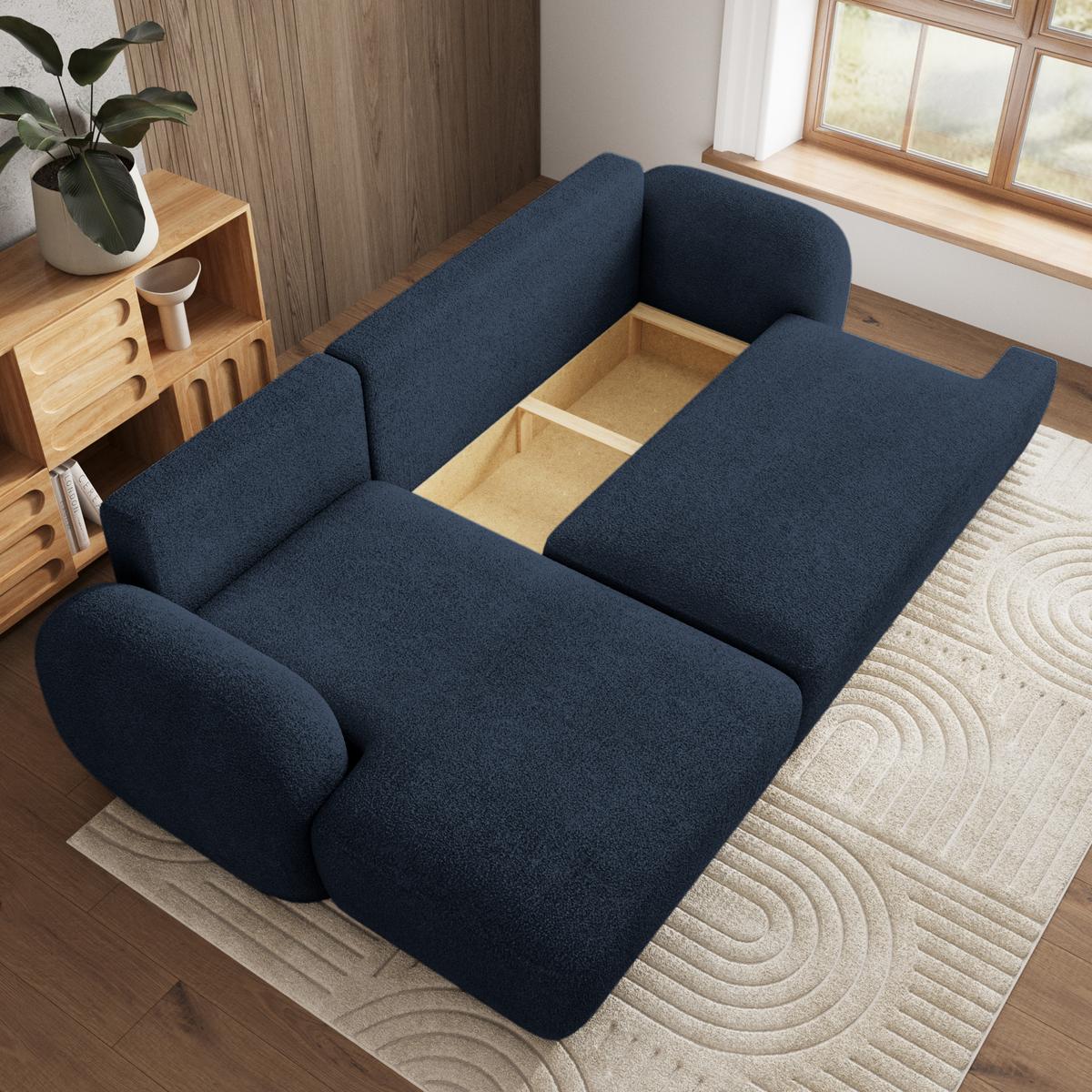 ECKSOFA MODENZA N L-S Blau Boucle-Stoff mit Schlaffunktion - Blau/Schwarz, Holz/Kunststoff (266/148cm) - MASSENO