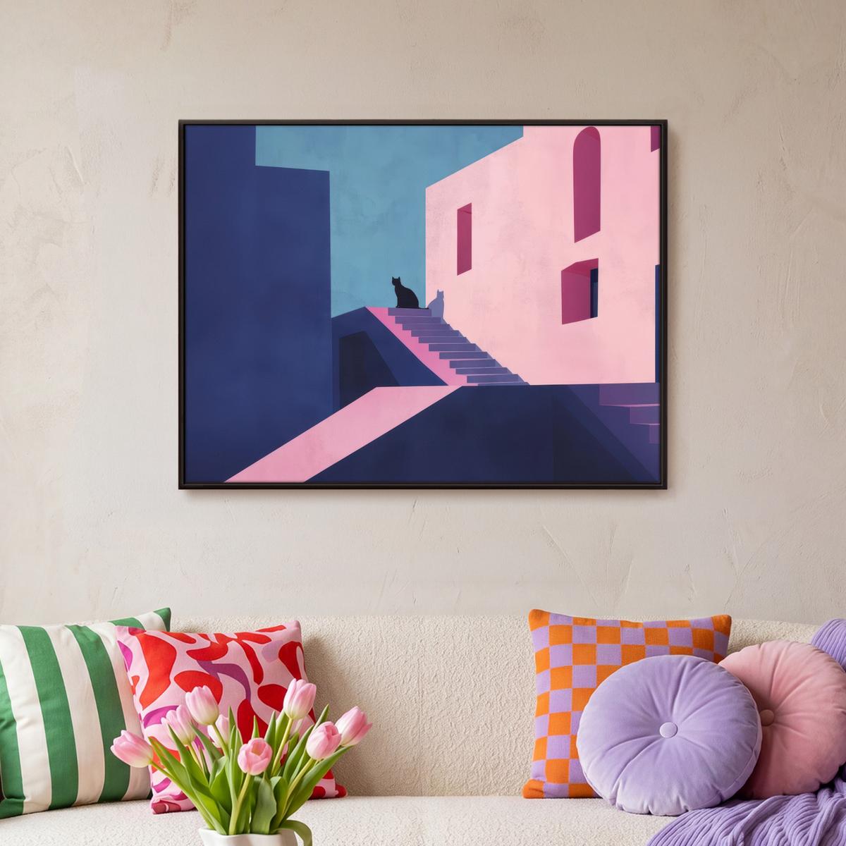 LEINWAND Bilder mit Rahmen - Katze - Treppe - Gebäude - Schattenkontraste - 70x50 - Dunkelblau, Textil (70/50cm) - MuchoWow