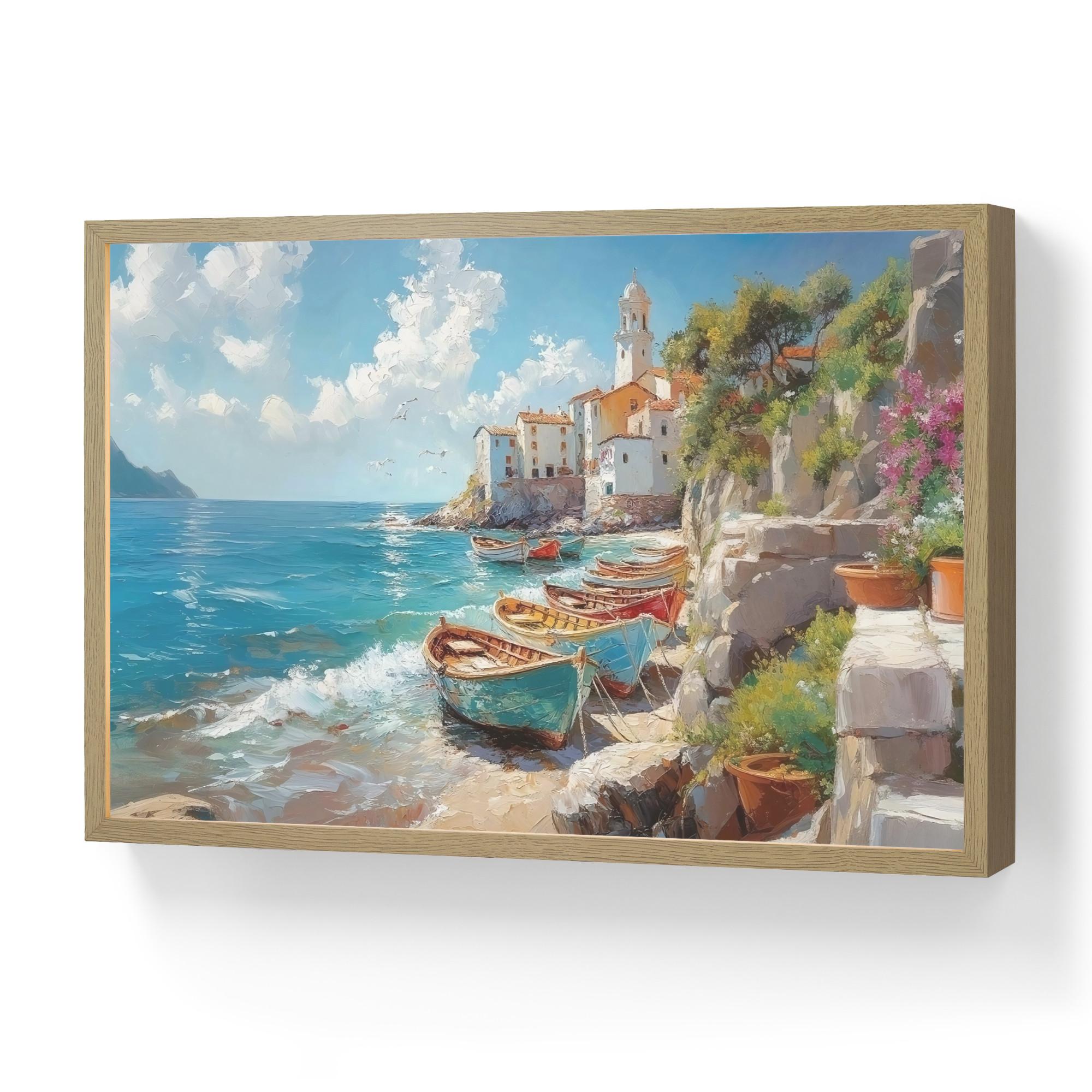 WANDLEUCHTE MIT AKKU Boote - Felsen - Meer - Sonne 60x40 cm - Blau, Holzwerkstoff (60/40/8cm) - OnlyWow