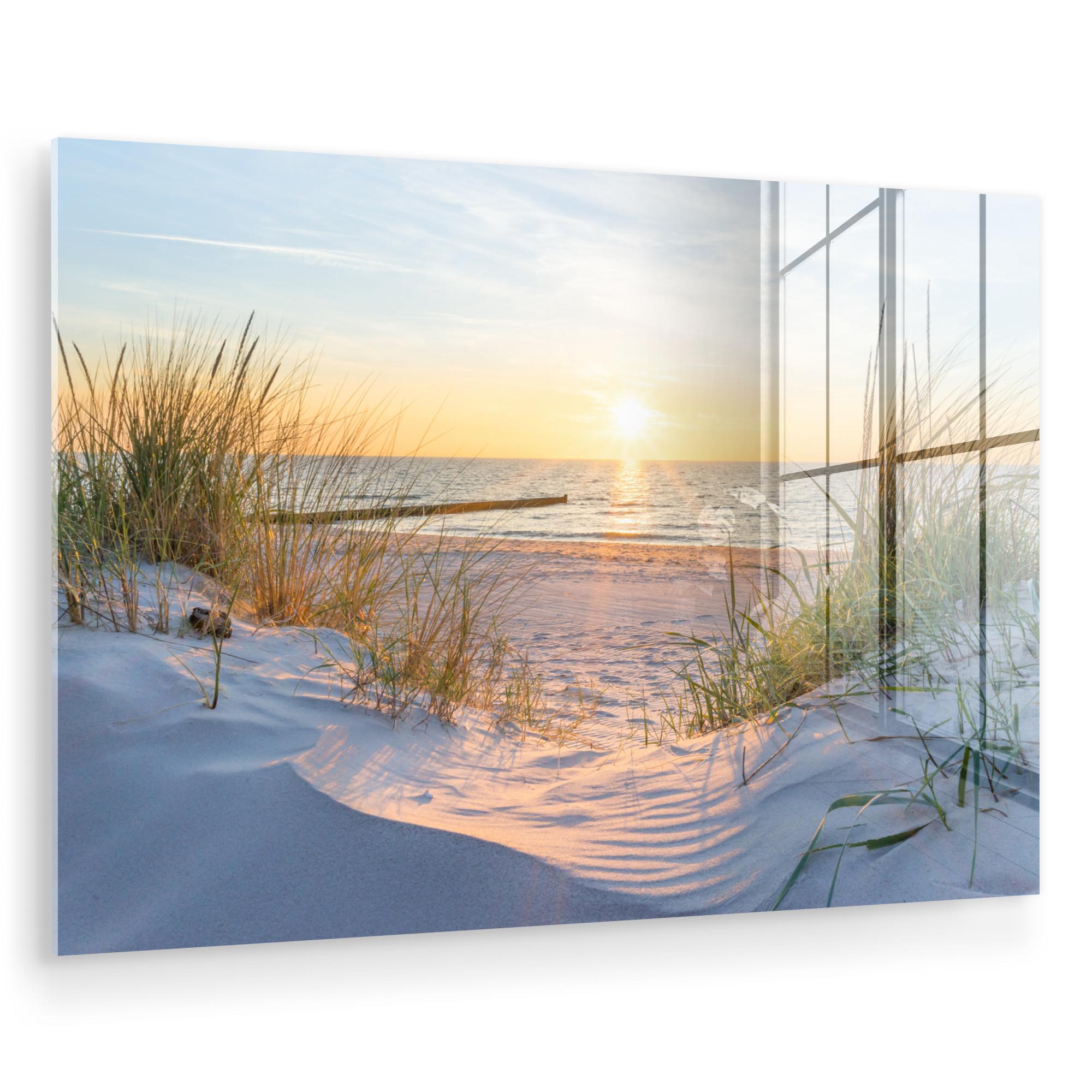 ACRYLGLASBILD Strand - Sonne - Düne - Gras - Sand - Horizont Wandbild Schlafzimmer 120x80 cm - Hellblau, Glas (120/80cm) - MuchoWow