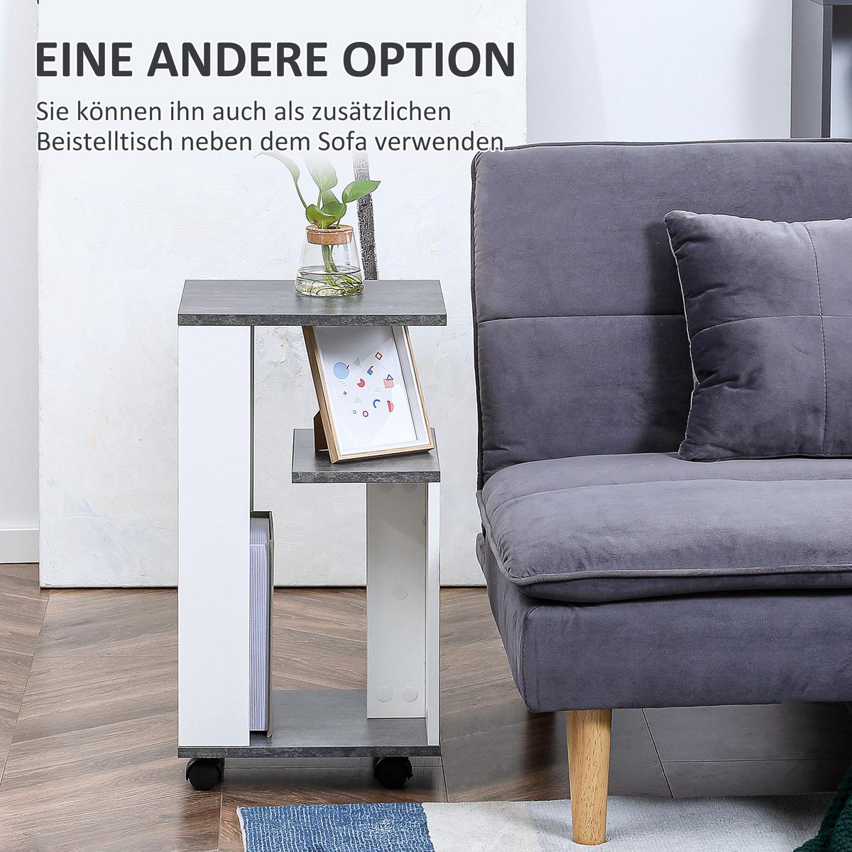 NACHTTISCH mit 360°-Rollen in modernem Design 3 Regale bis 10 kg Weiß - Weiß/Grau, Metall (29.5/65.5/35cm) - HOMCOM