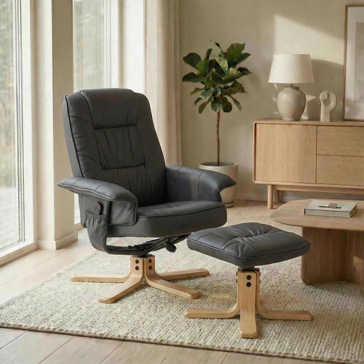 RELAXSESSEL KUNSTLEDER, SET MIT HOCKER CHARLY grau - Grau, Textil (76/87/61cm) - IDIMEX