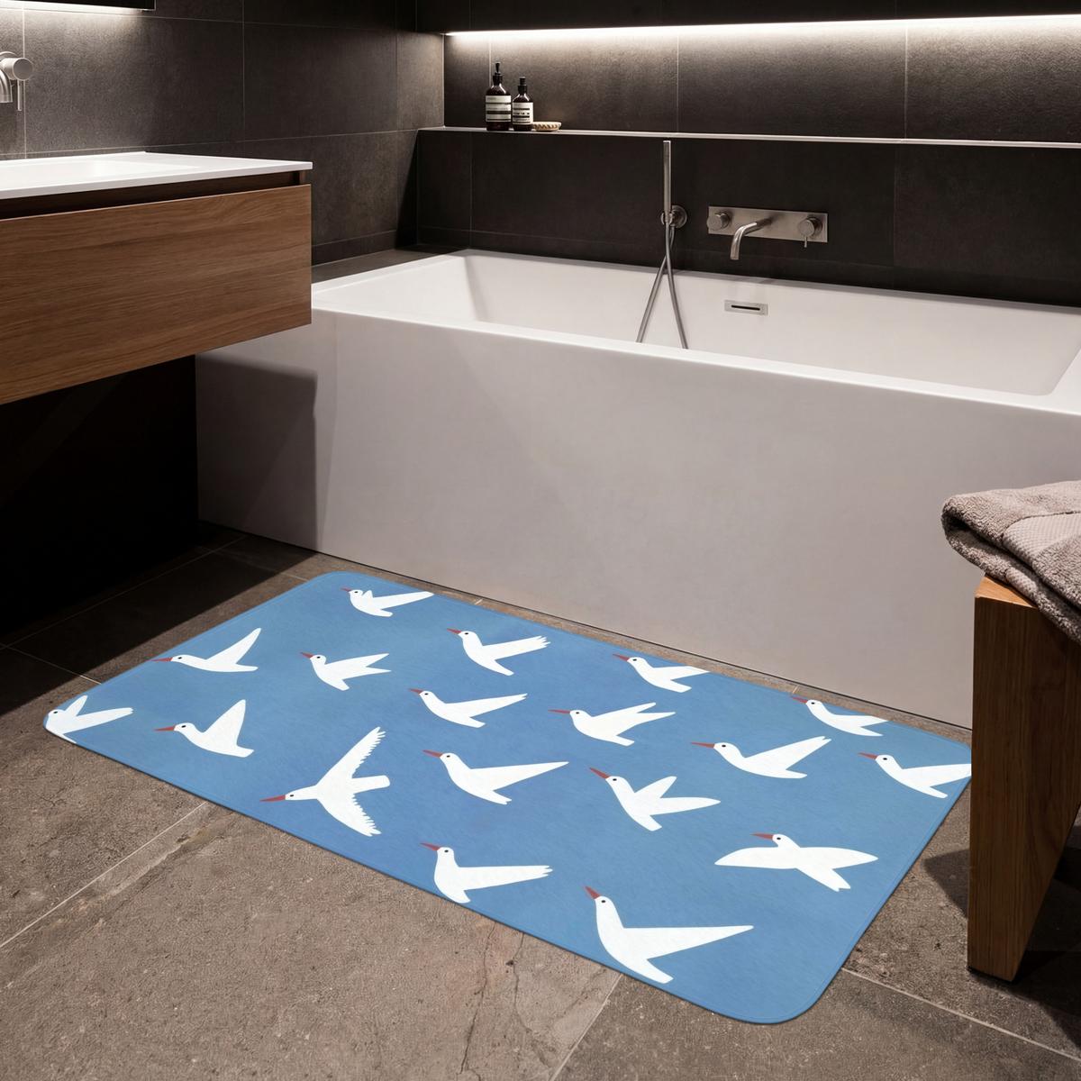 BADEMATTE Vögel - Weiß - Muster 120x60 cm - Blau, Textil (120/60cm) - OnlyWow