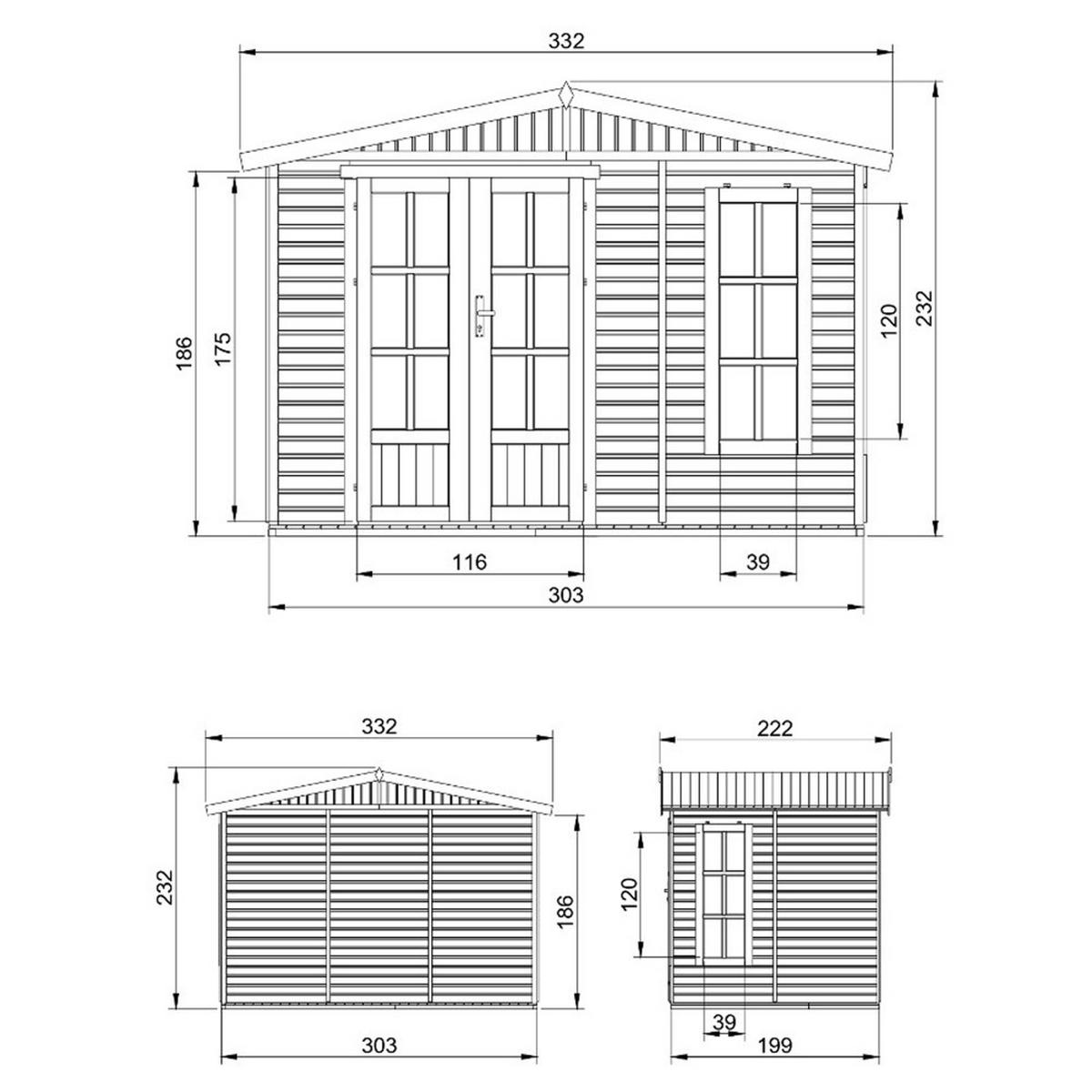 GARTENHAUS HOLZ 6 m2 - H232 x 332 x 222 cm - Gerätehaus Holz Garten-Studio M334FB+H334FBGREY - Beige, Holz (332/232/199cm) - Timbela