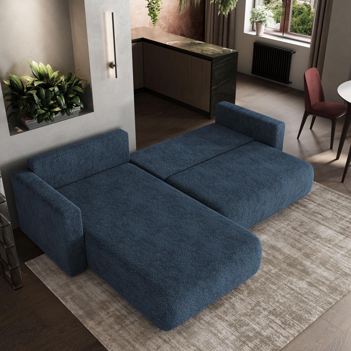 ECKSOFA TURIN N Blau Bucle-Stoff mit Schlaffunktion - Blau/Grau, Holz/Kunststoff (265/183cm) - MASSENO