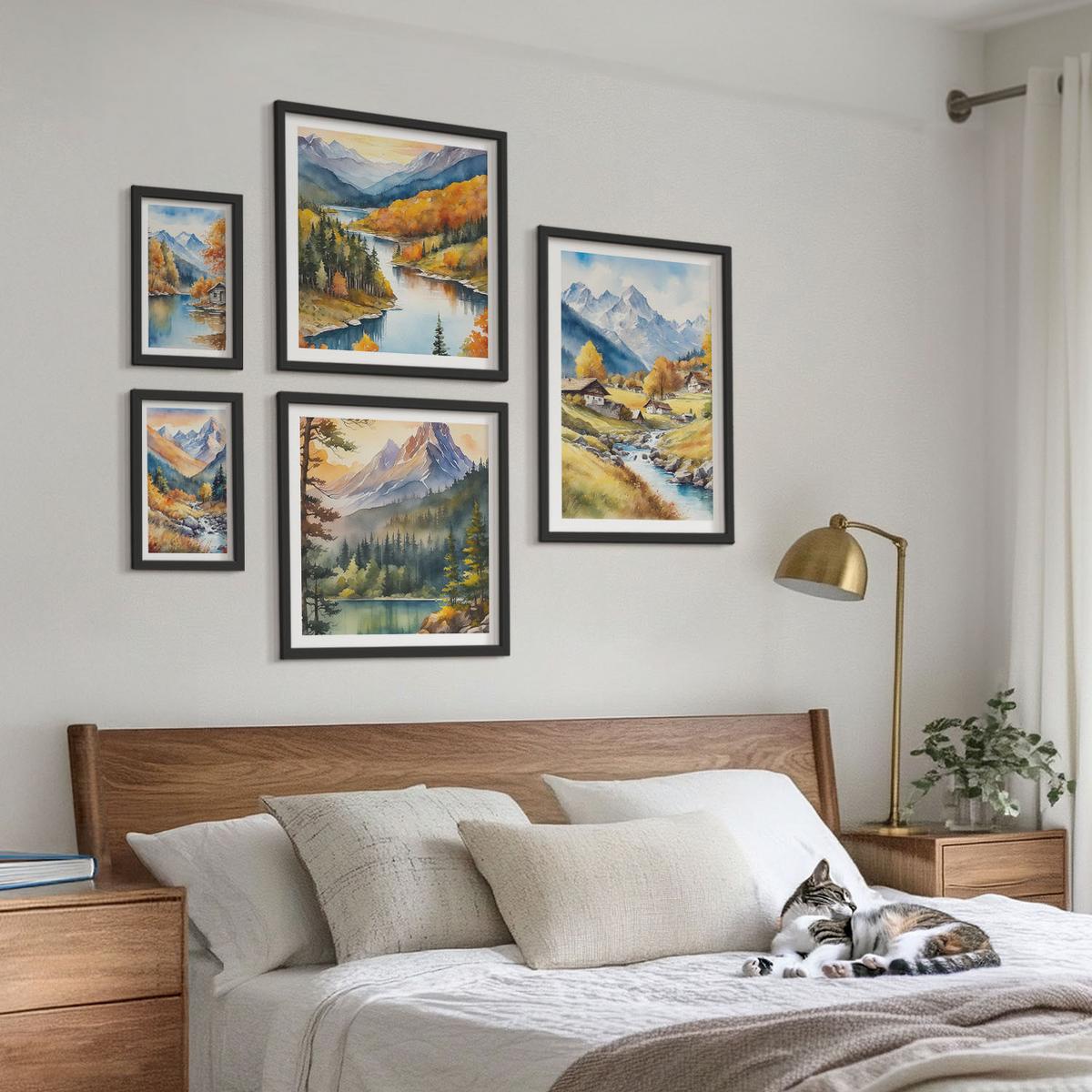 BILDER SET 5er Set - 50x50 cm & 20x30 cm & 40x60 cm Schwarzer Rahmen - Bergblick, Fluss, Herbst - Schwarz, Kunststoff (40/60cm) - TULUP