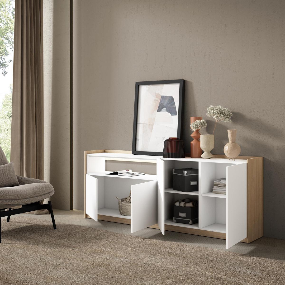 SIDEBOARD, Weiß und Eiche, 207/37/80cm, mit Led - Weiß, Holzwerkstoff (207/80/37cm) - Skraut Home