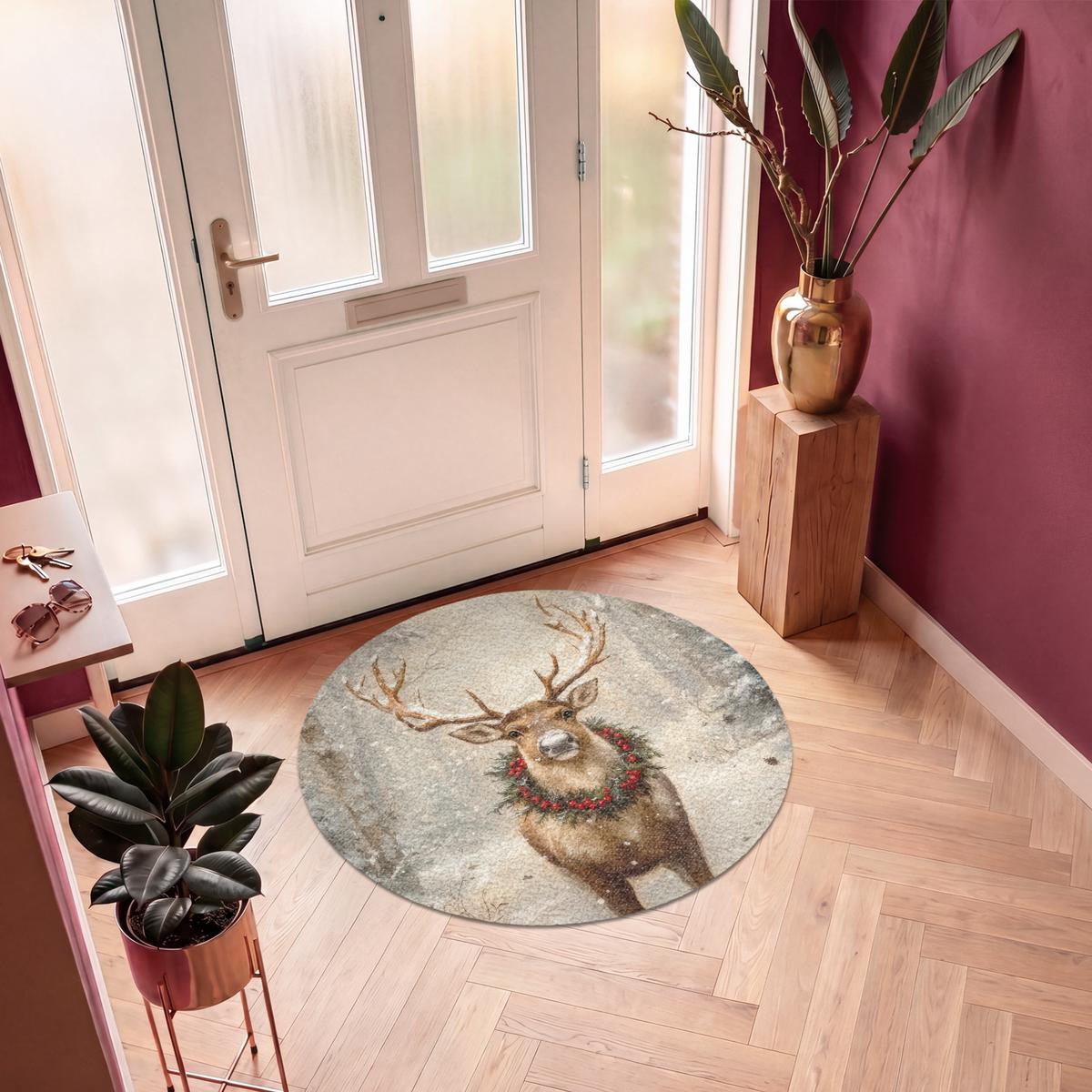 FUSSMATTE Weihnachten - Rentier - Winter - Kranz Flurteppich 120x120 cm - Braun, Kunststoff (120/0.4cm) - MuchoWow